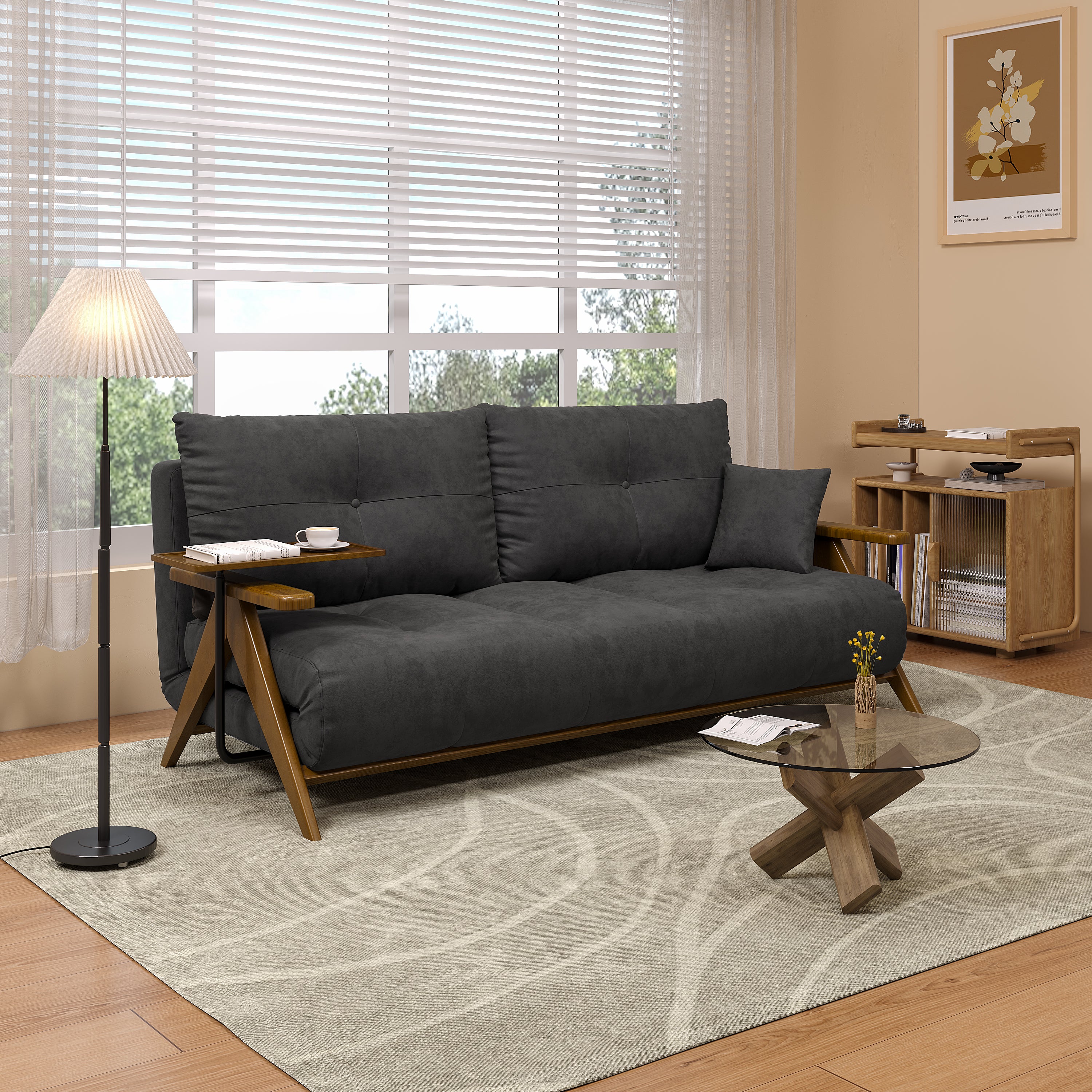 Foldable Matte Fabric Solid Wood 3 Mode Sofa Bed