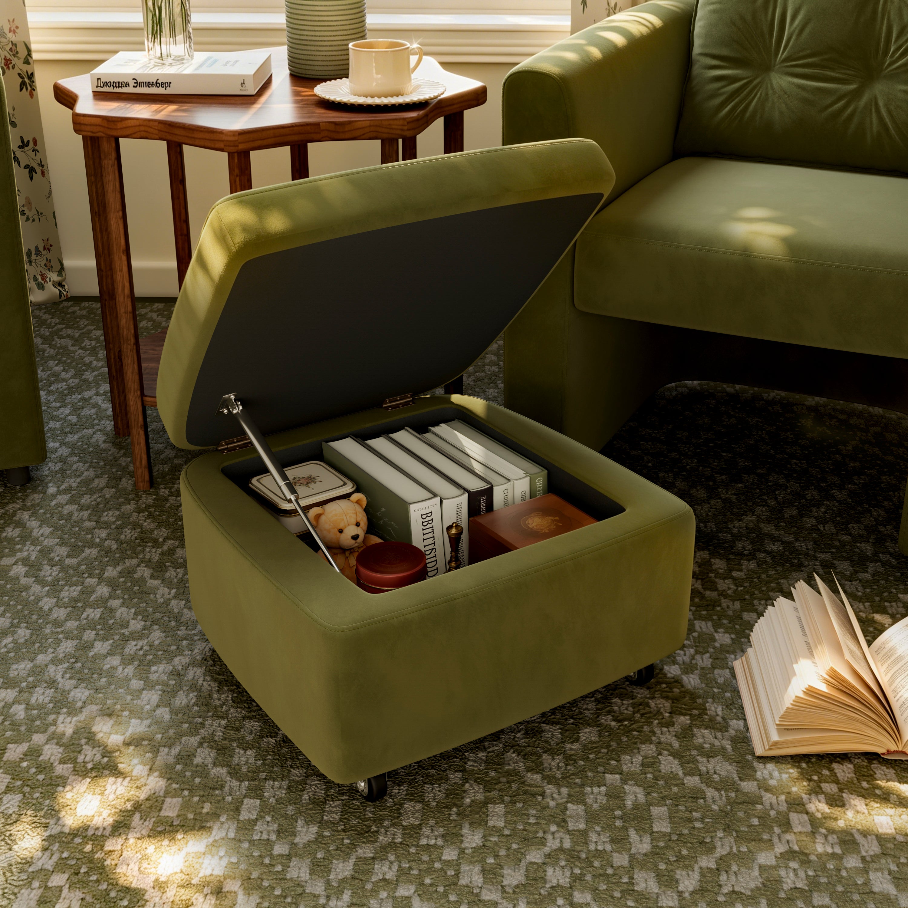 Green Velvet Snuggler Chair with Hidden Storage Footstool