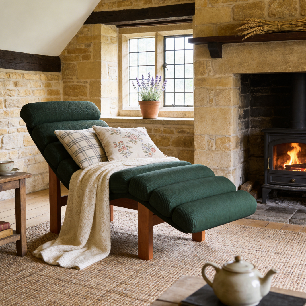 Modern Ergonomic Corduroy Chaise Lounge with Natural Wooden Frame