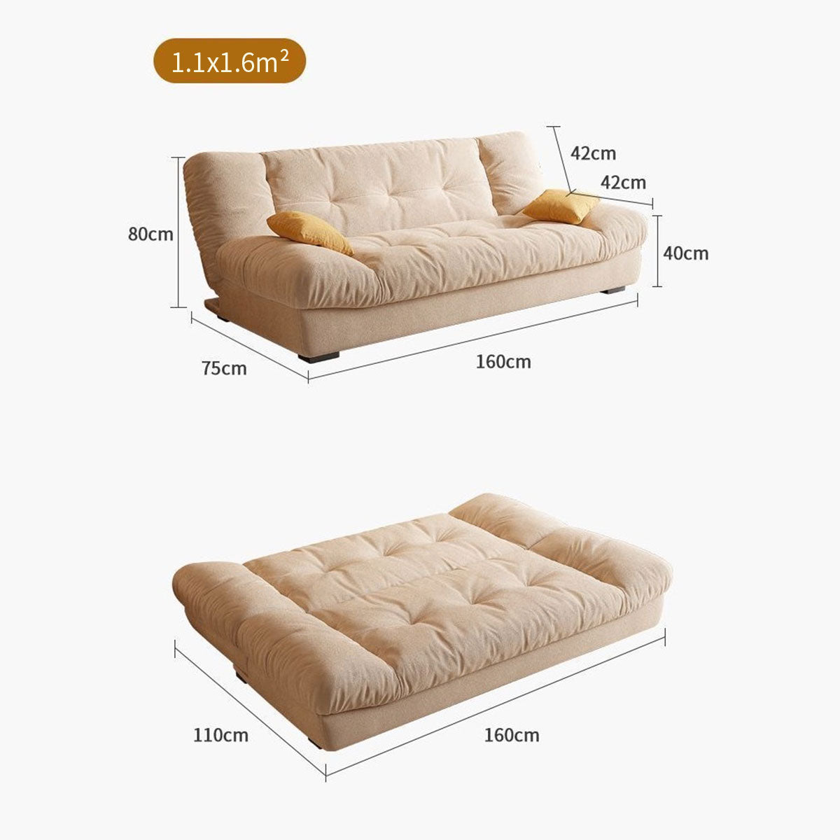 French Cream Cloud Double Folding Sofa Bed with 2 Pillows