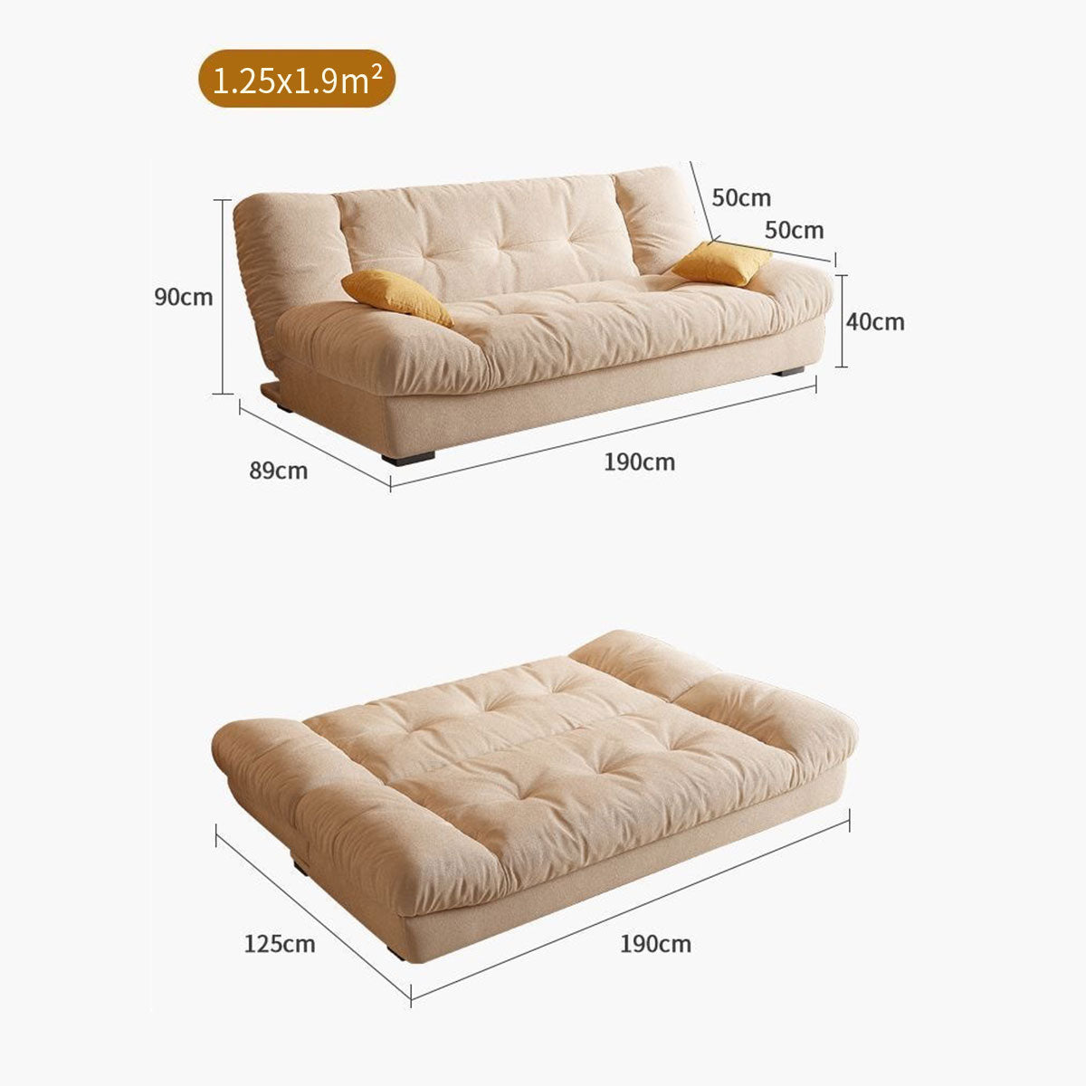 French Cream Cloud Double Folding Sofa Bed with 2 Pillows