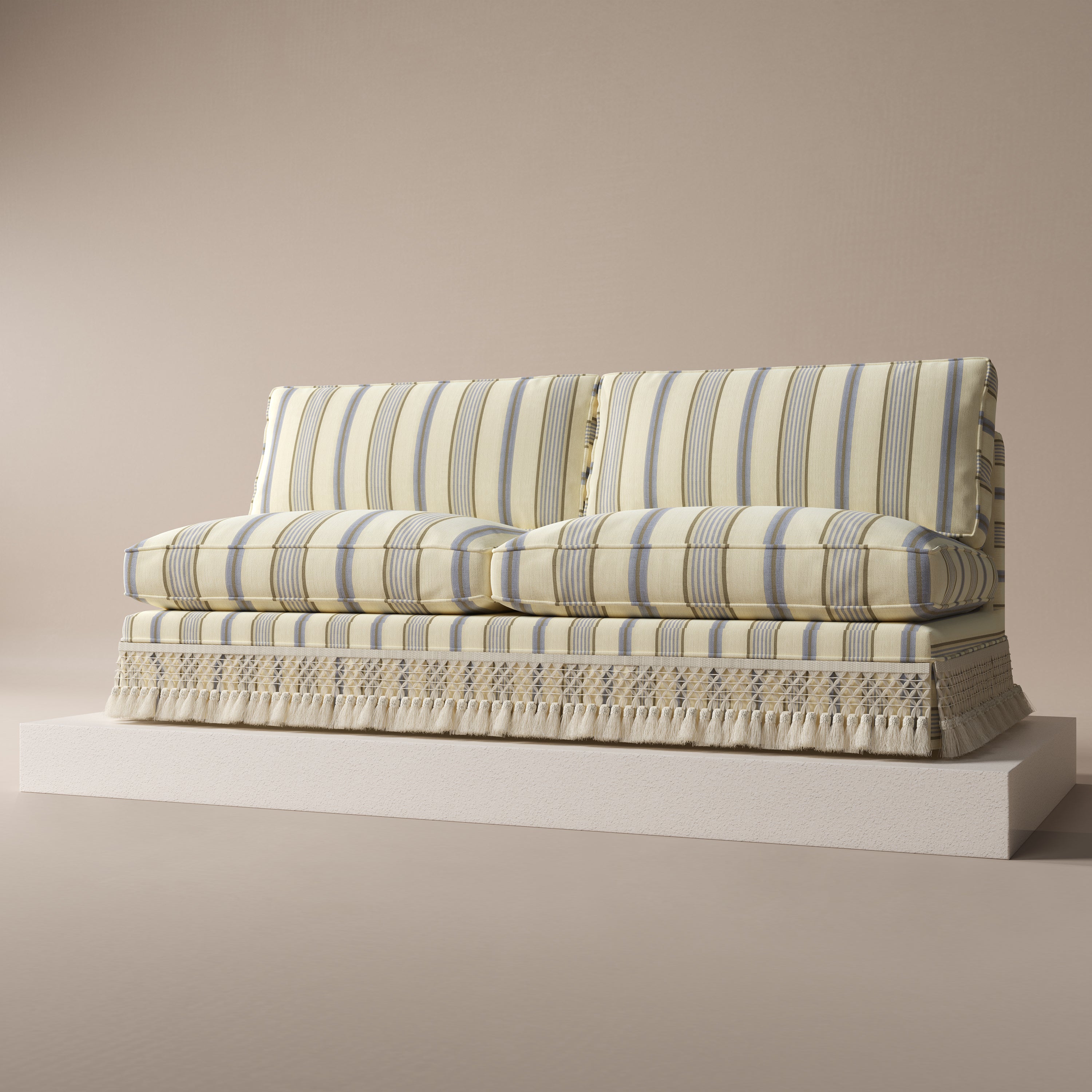 Armless Sofa with Fringed Trim and Removable Covers