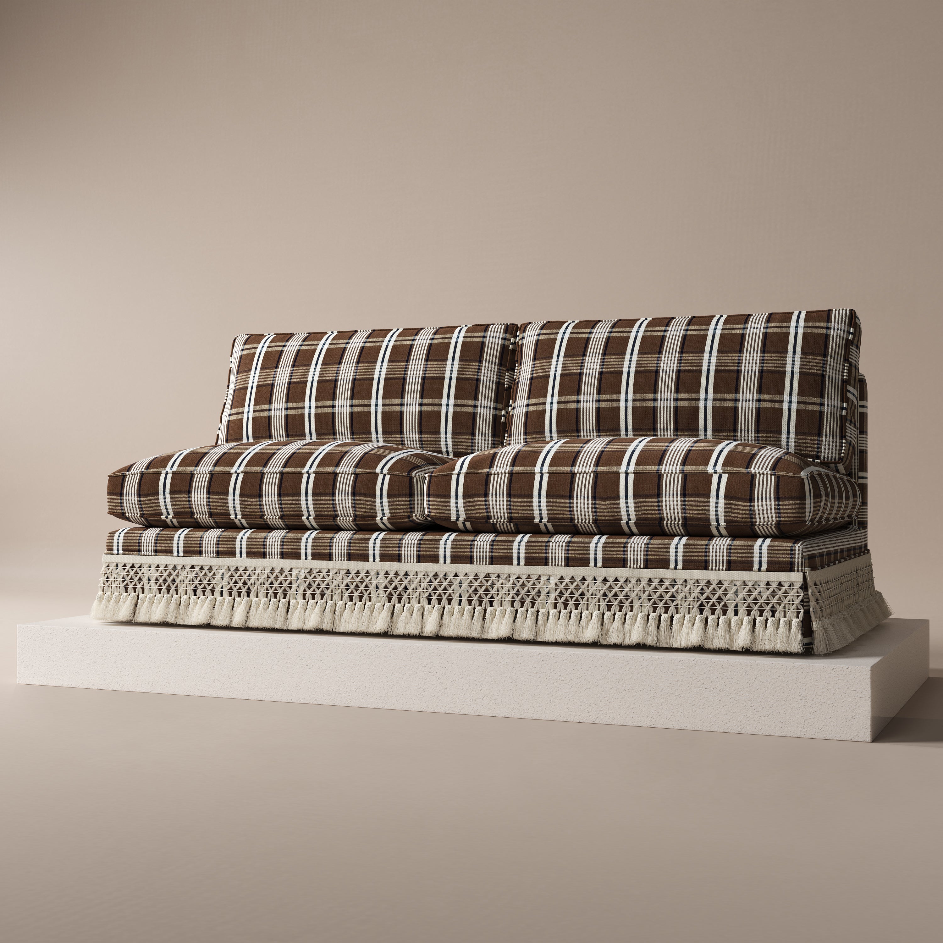 Armless Sofa with Fringed Trim and Removable Covers