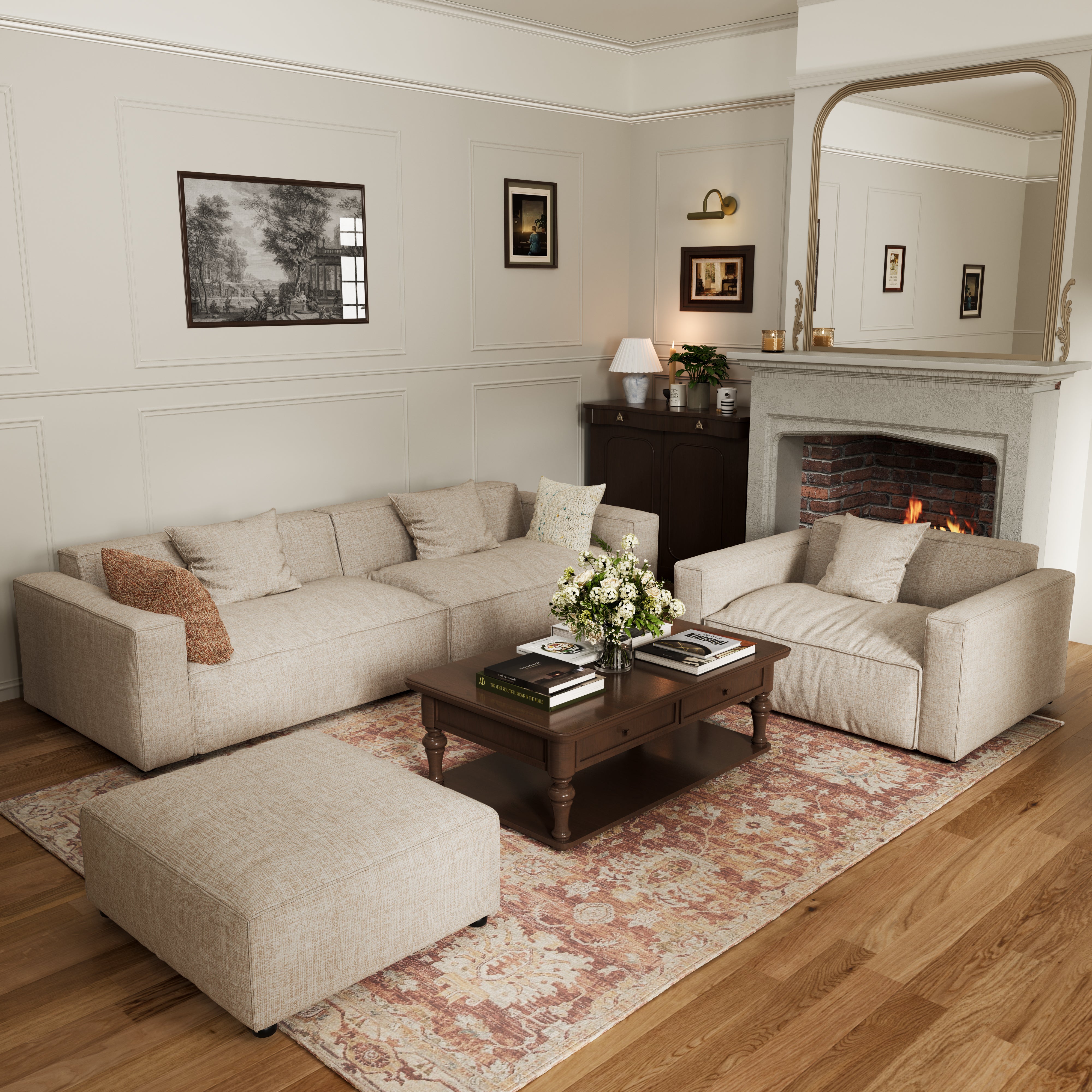 Elegant Tofu Block Linen Modular Cloud Sofa Down Filled Sectional