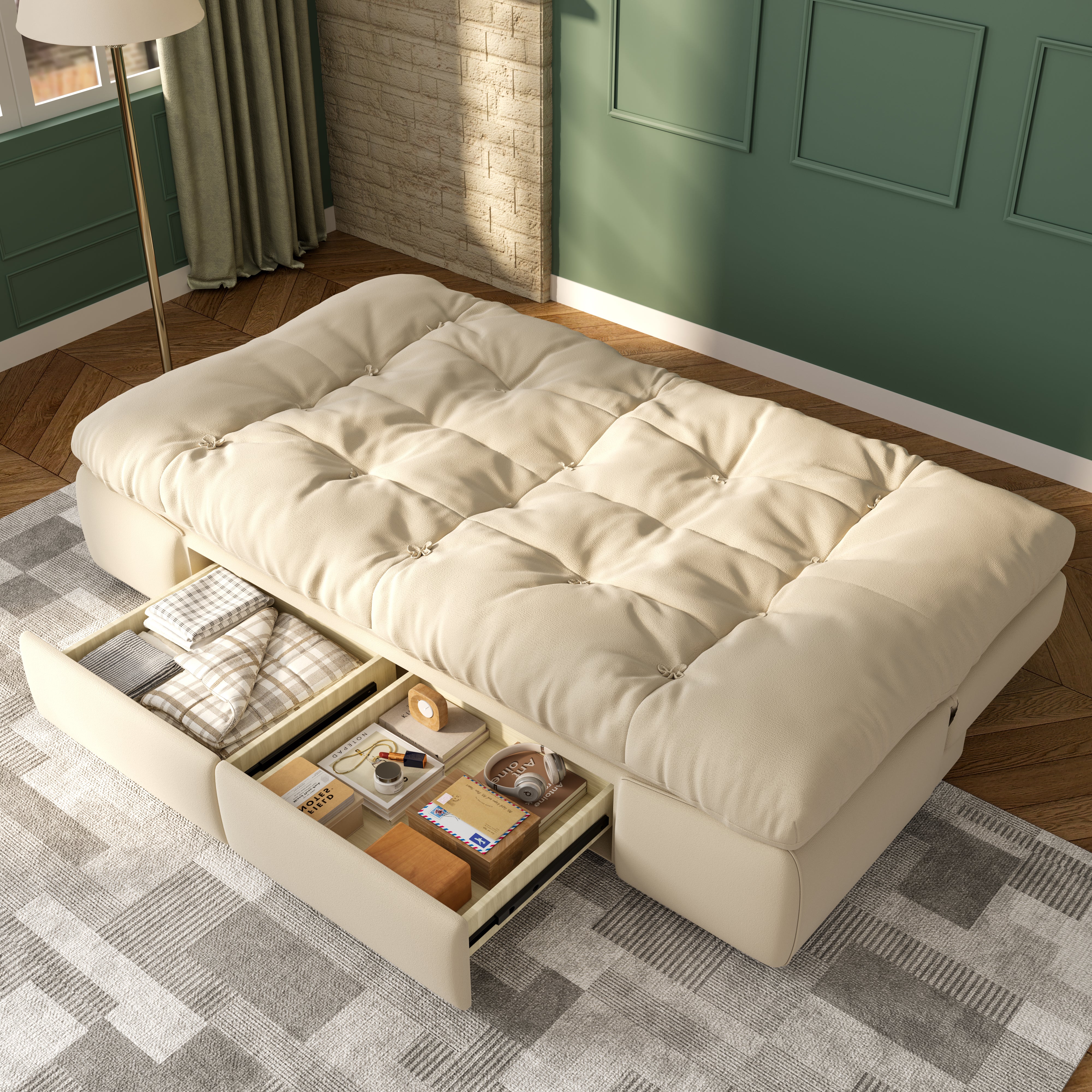 Upgrade Cream Cloud Double Folding Sofa Bed with Storage