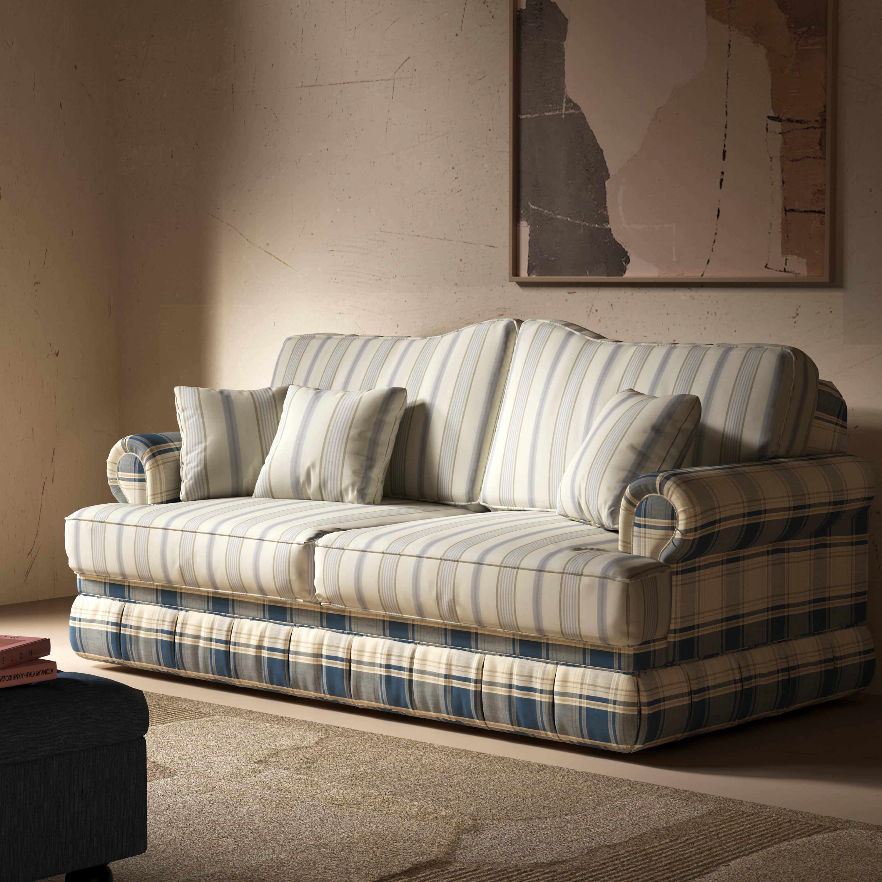 Cottonfy Heritage Plaid Skirted Sofa with Concealed Storage Drawers