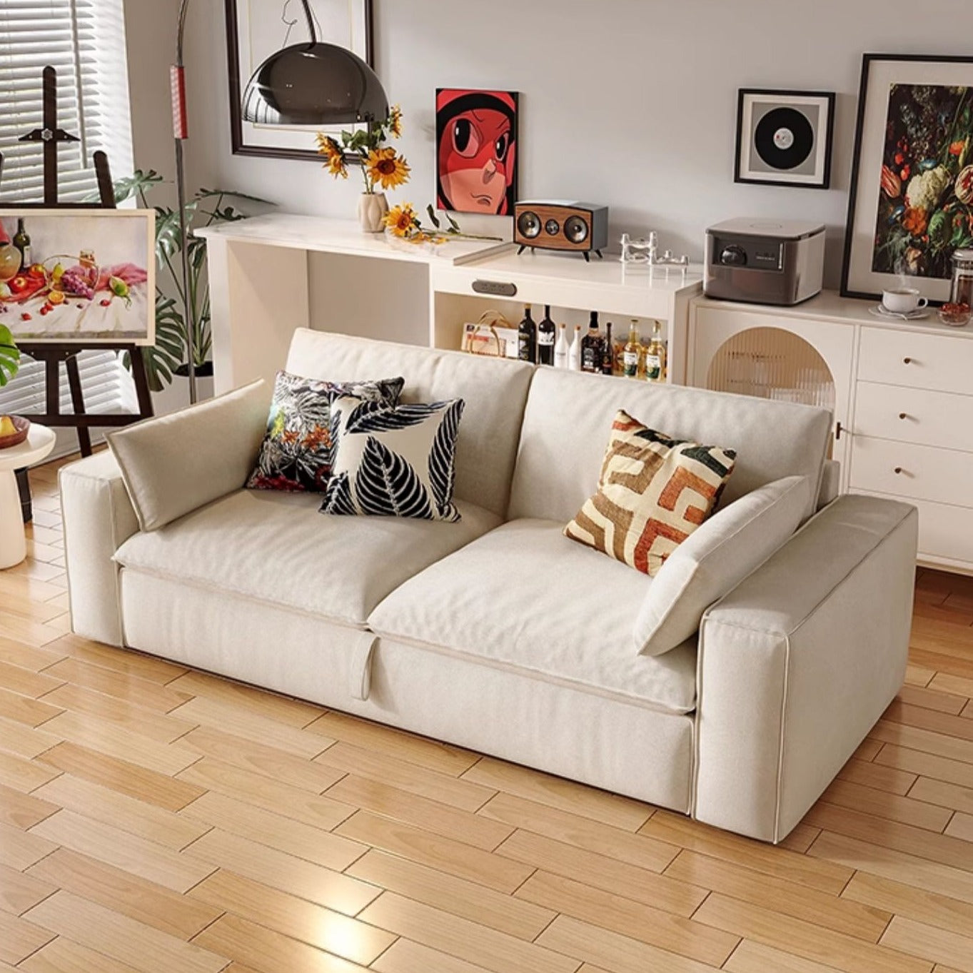 Creamy Tofu Block Pullout Sofa Bed with Storage