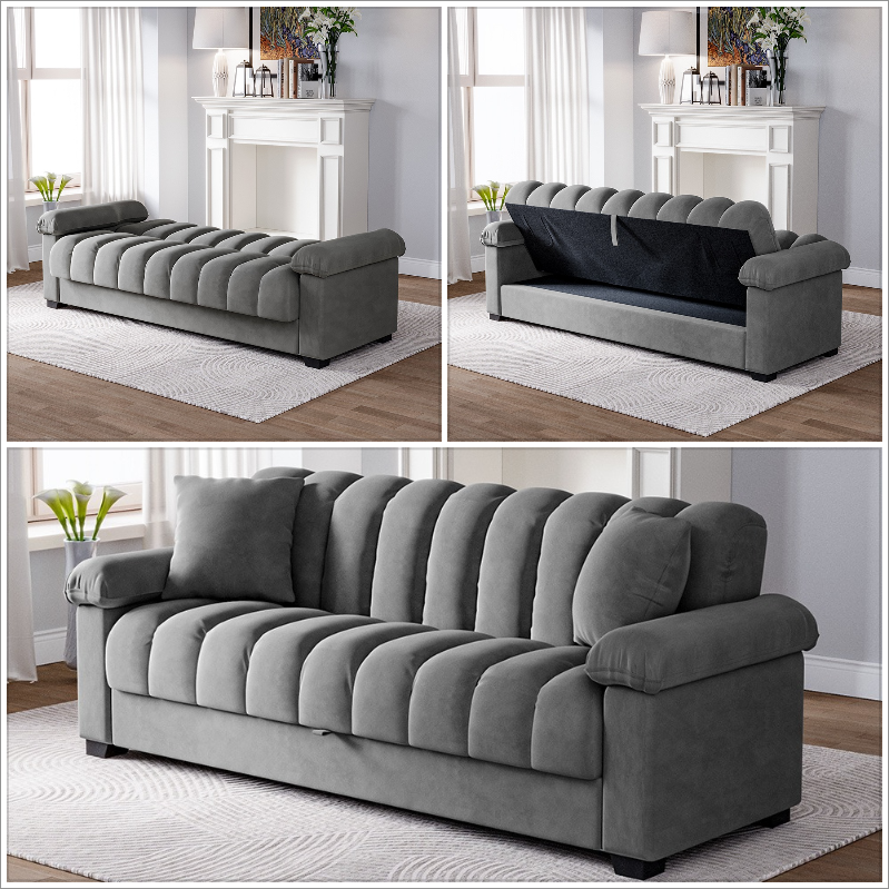 Grey Tufted Flat Bed Sofa with Storage