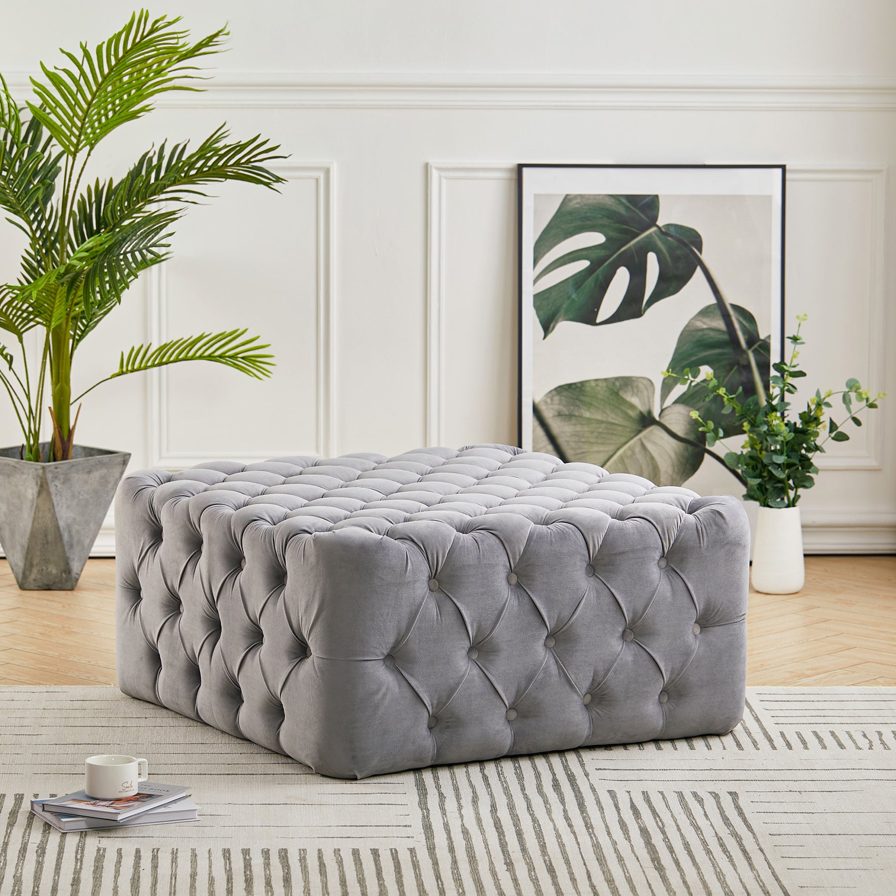 Cubic Velvet Buttoned Footrest Stool