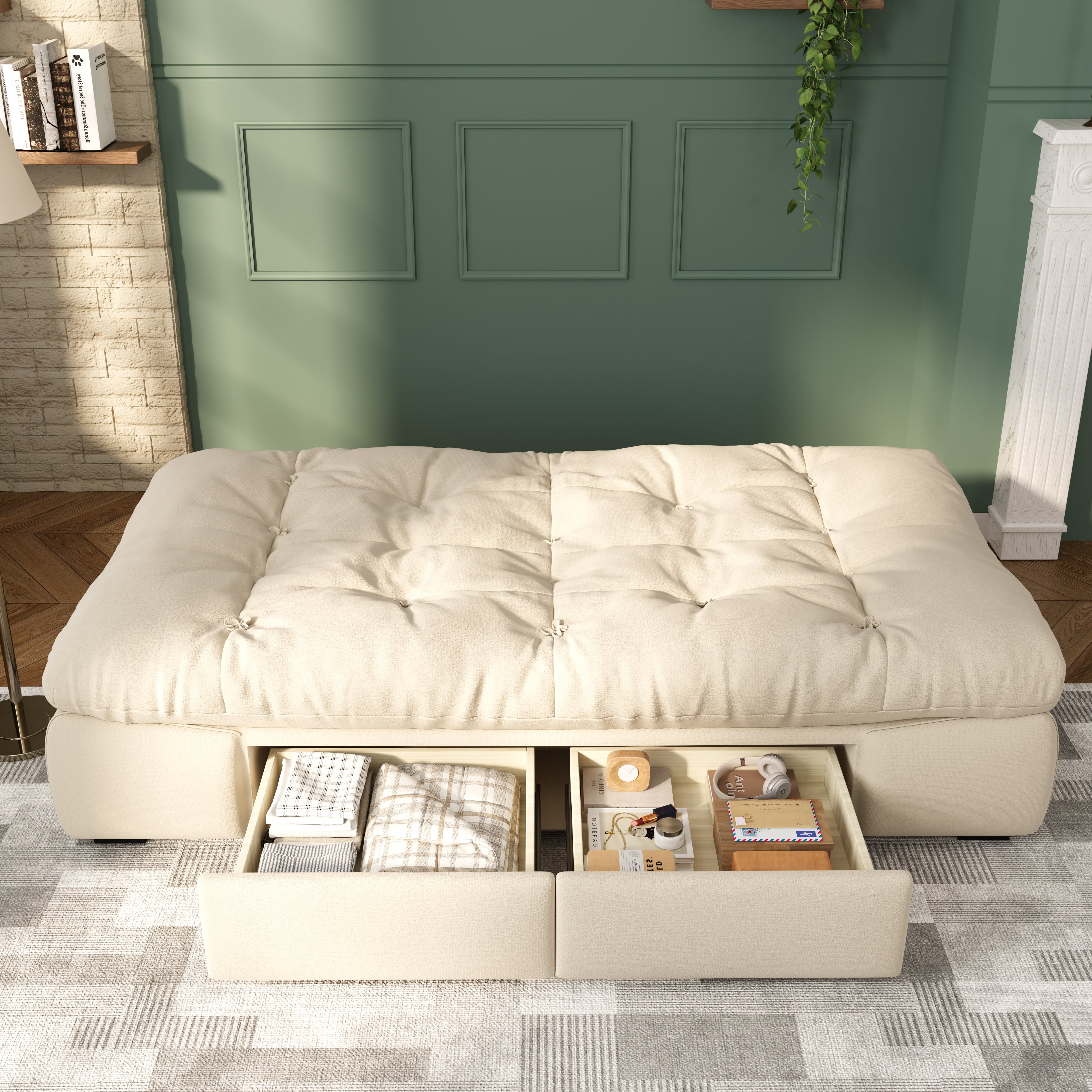 Upgrade Cream Cloud Double Folding Sofa Bed with Storage