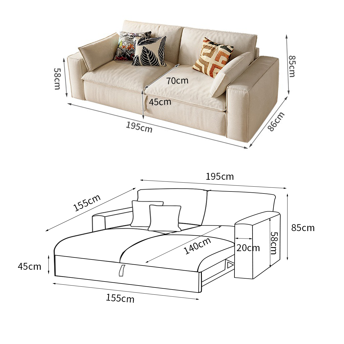 Creamy Tofu Block Pullout Sofa Bed with Storage