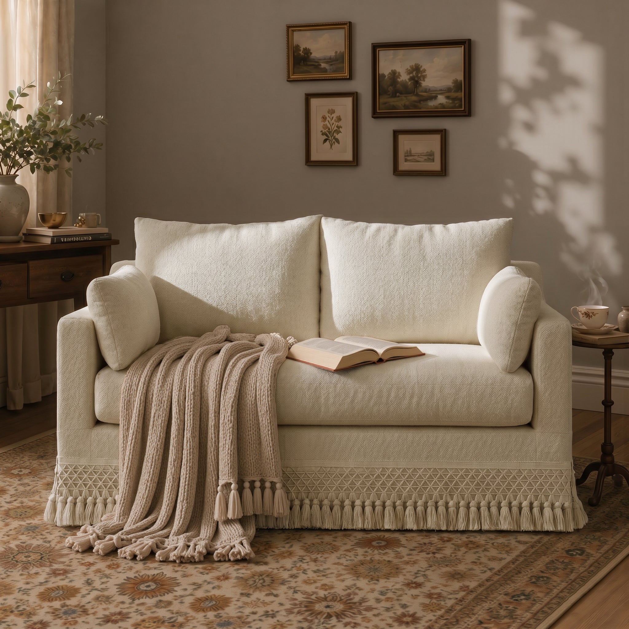 Cottonfy Cotton-Linen Washable Fringe 2 Seater Sofa
