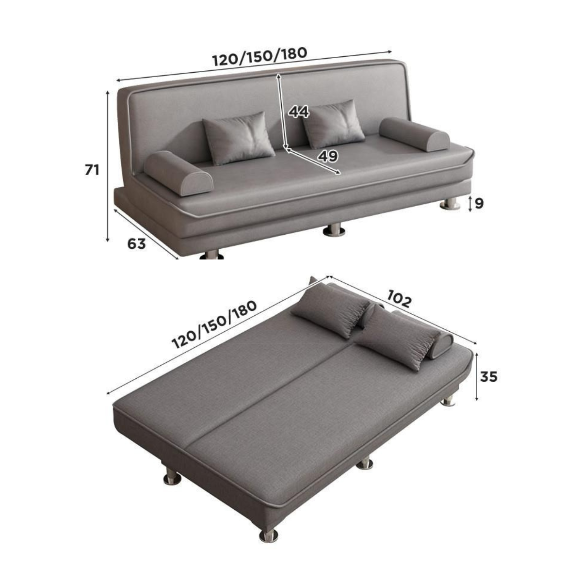 Adjustable Living Room Sofa Bed for Limited Space with 2 Pillows