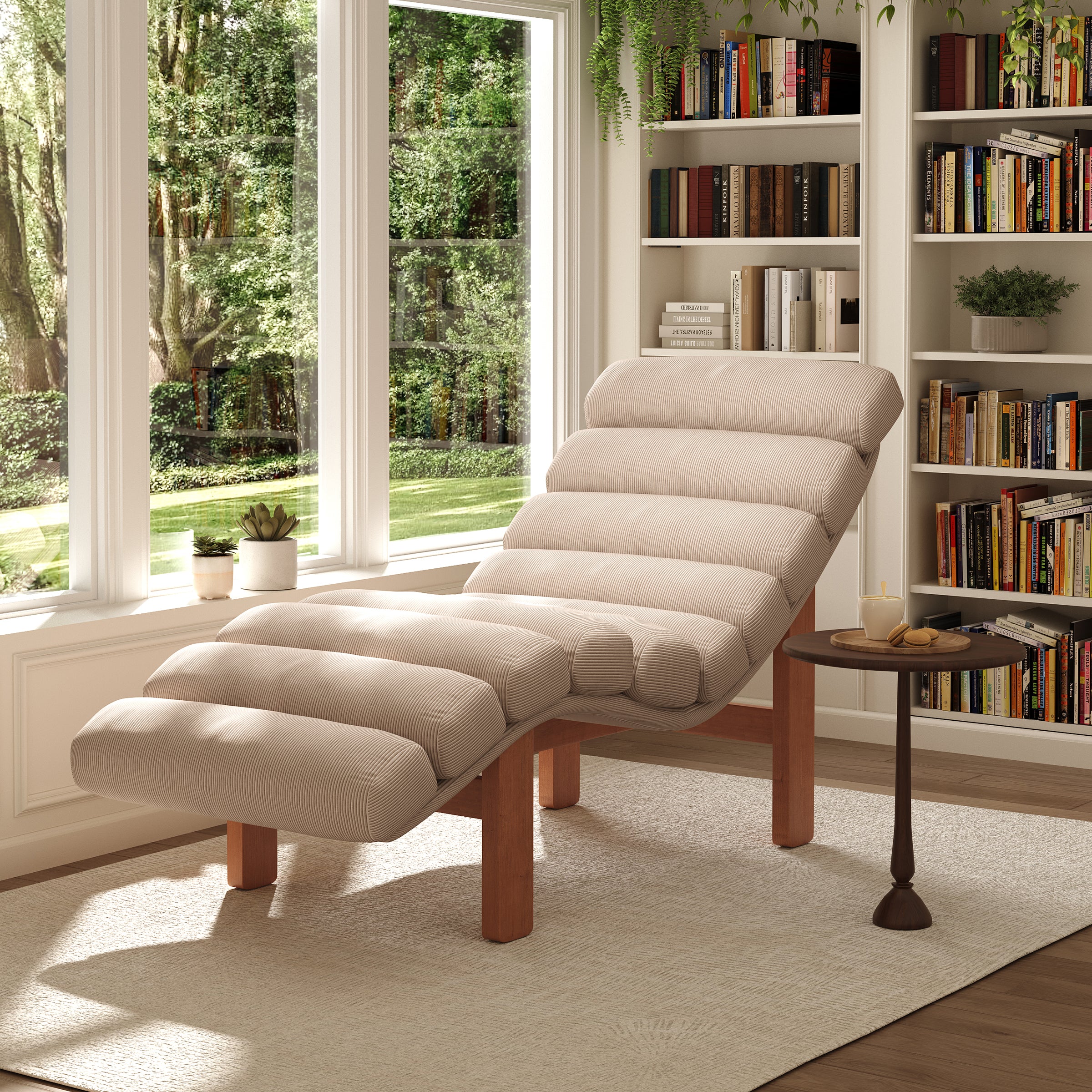Modern Ergonomic Corduroy Chaise Lounge with Natural Wooden Frame