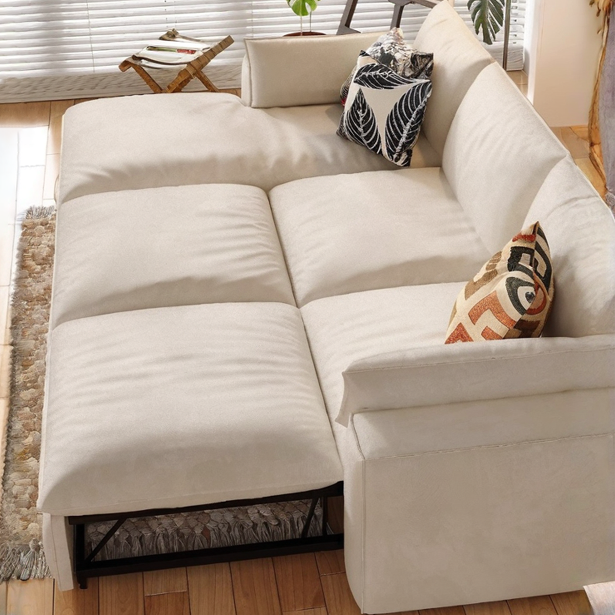 Creamy Tofu Block Pullout Sofa Bed with Storage