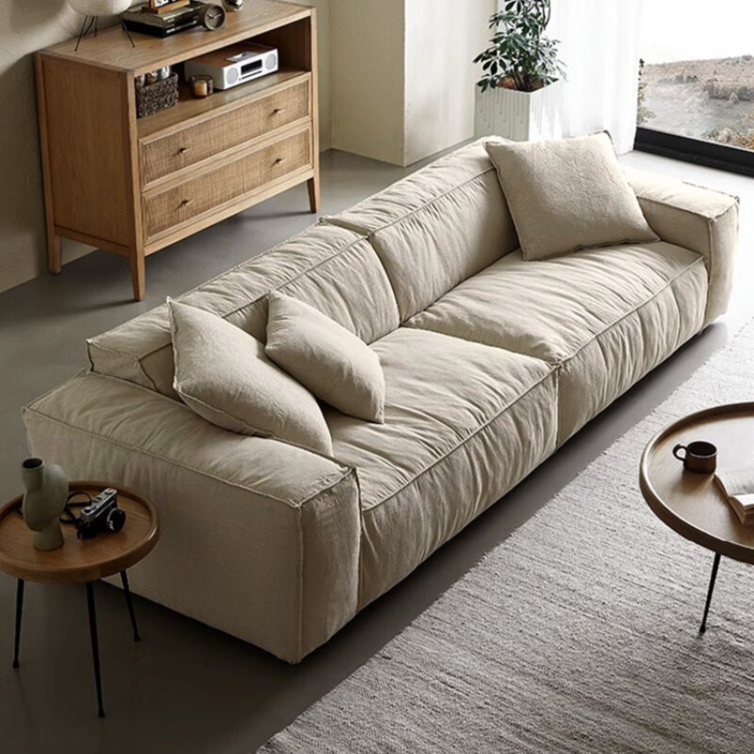 Elegant Linen Tofu Block Fabric Down Sofa