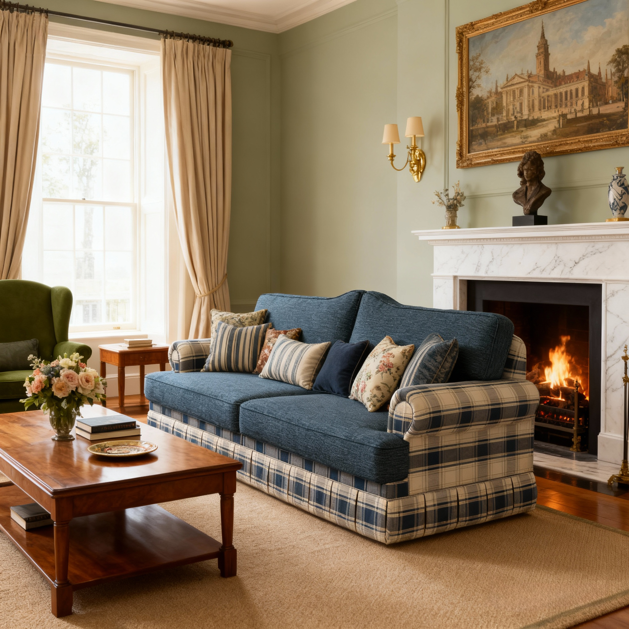 Cottonfy Heritage Plaid Skirted Sofa with Concealed Storage Drawers