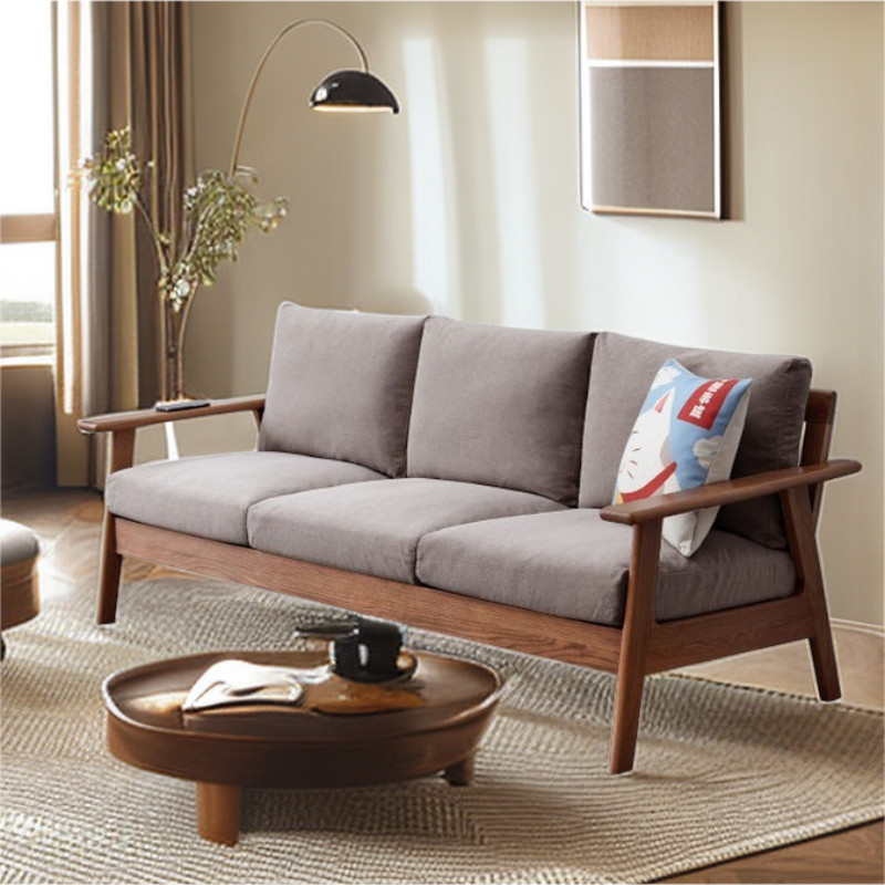 Elegant Oak Wood Sofa with Removable Cushioned Seating