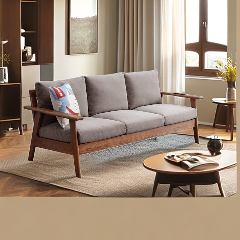 Elegant Oak Wood Sofa with Removable Cushioned Seating