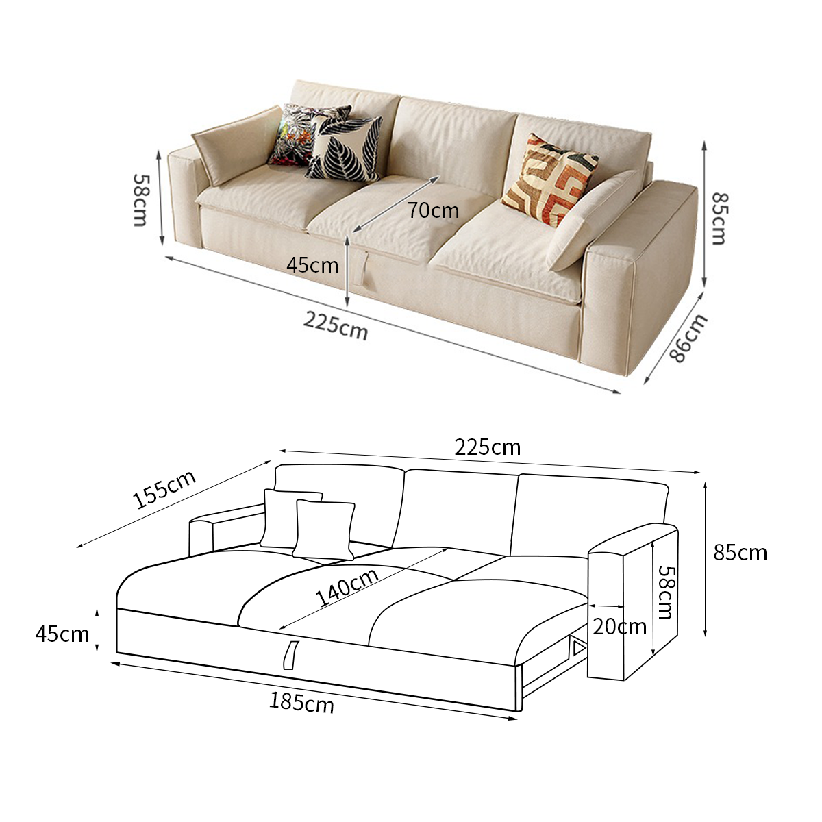 Creamy Tofu Block Pullout Sofa Bed with Storage