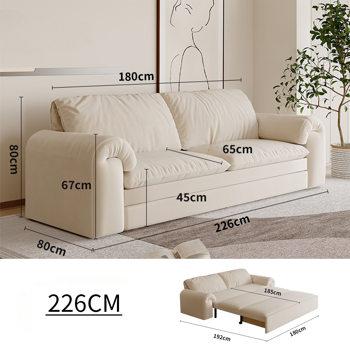 Cream Convertible Sleeper Sofa Bed with Drawers