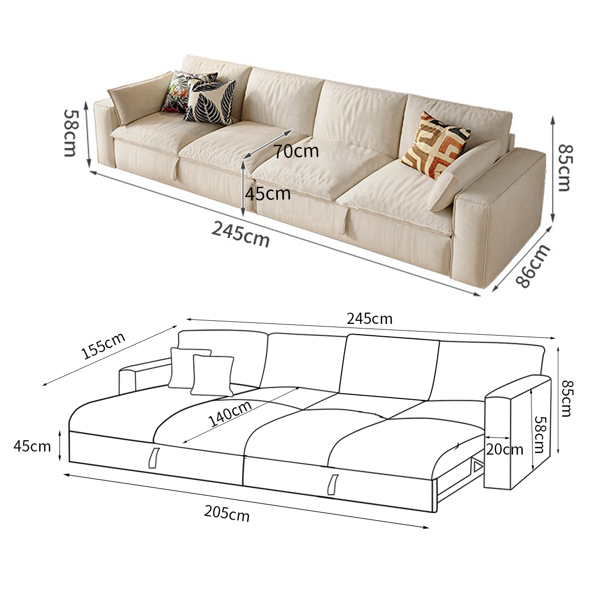 Creamy Tofu Block Pullout Sofa Bed with Storage