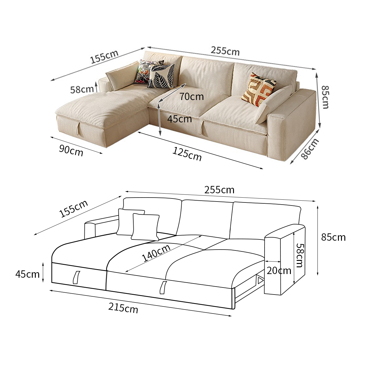 Creamy Tofu Block Pullout Sofa Bed with Storage