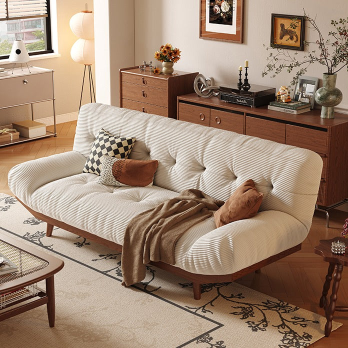 Cream Solid Wood Soft Sofa Bed for Limited Space with Throw Pillows