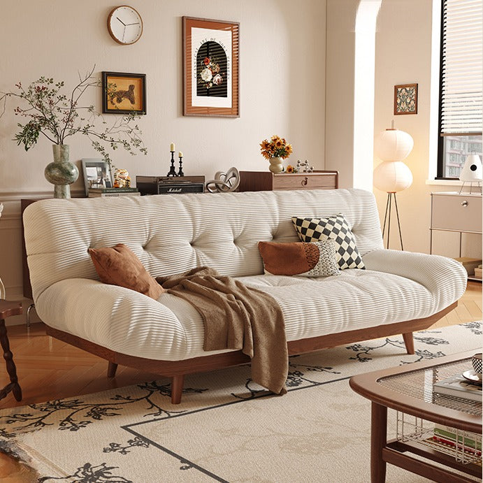 Cream Solid Wood Soft Sofa Bed for Limited Space with Throw Pillows