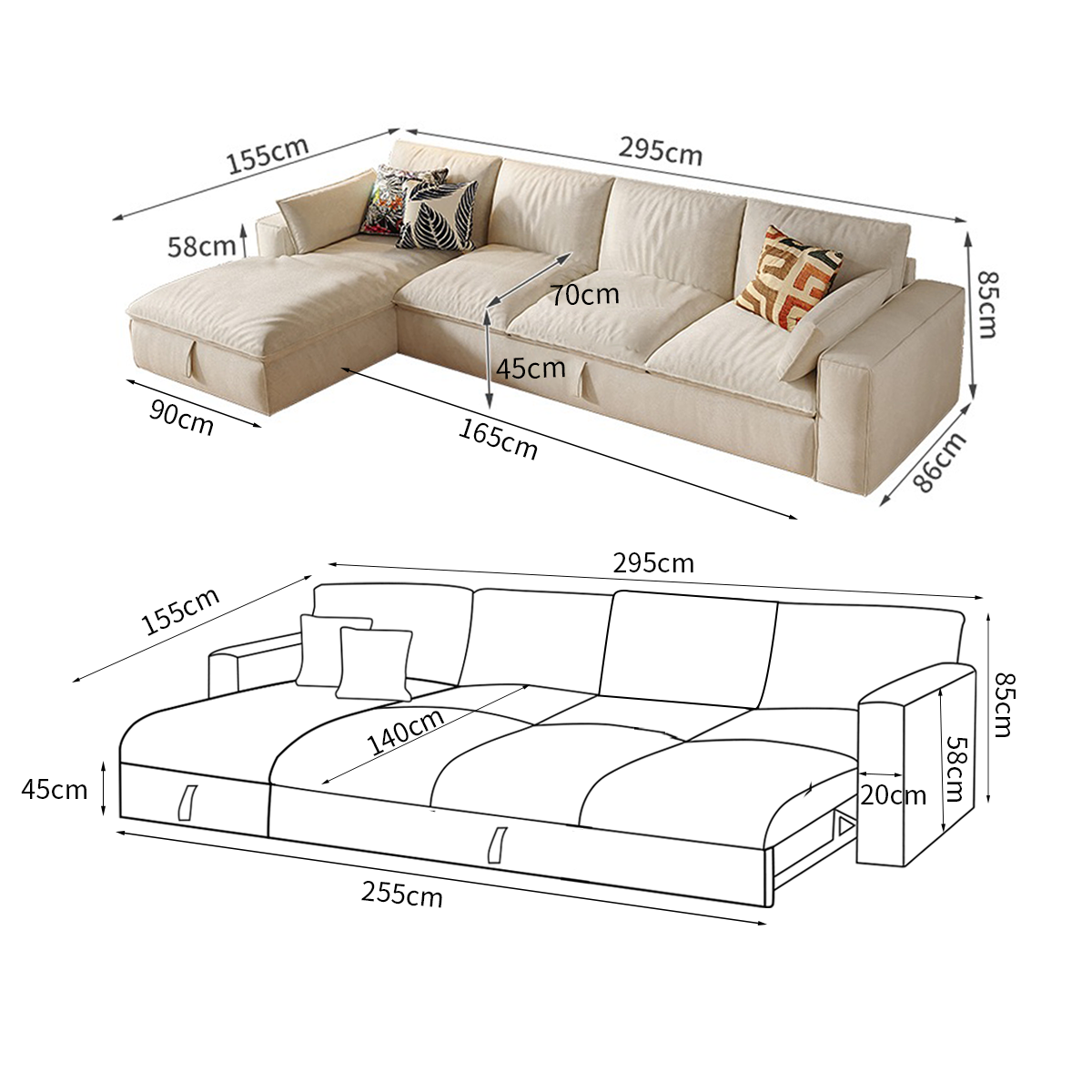 Creamy Tofu Block Pullout Sofa Bed with Storage