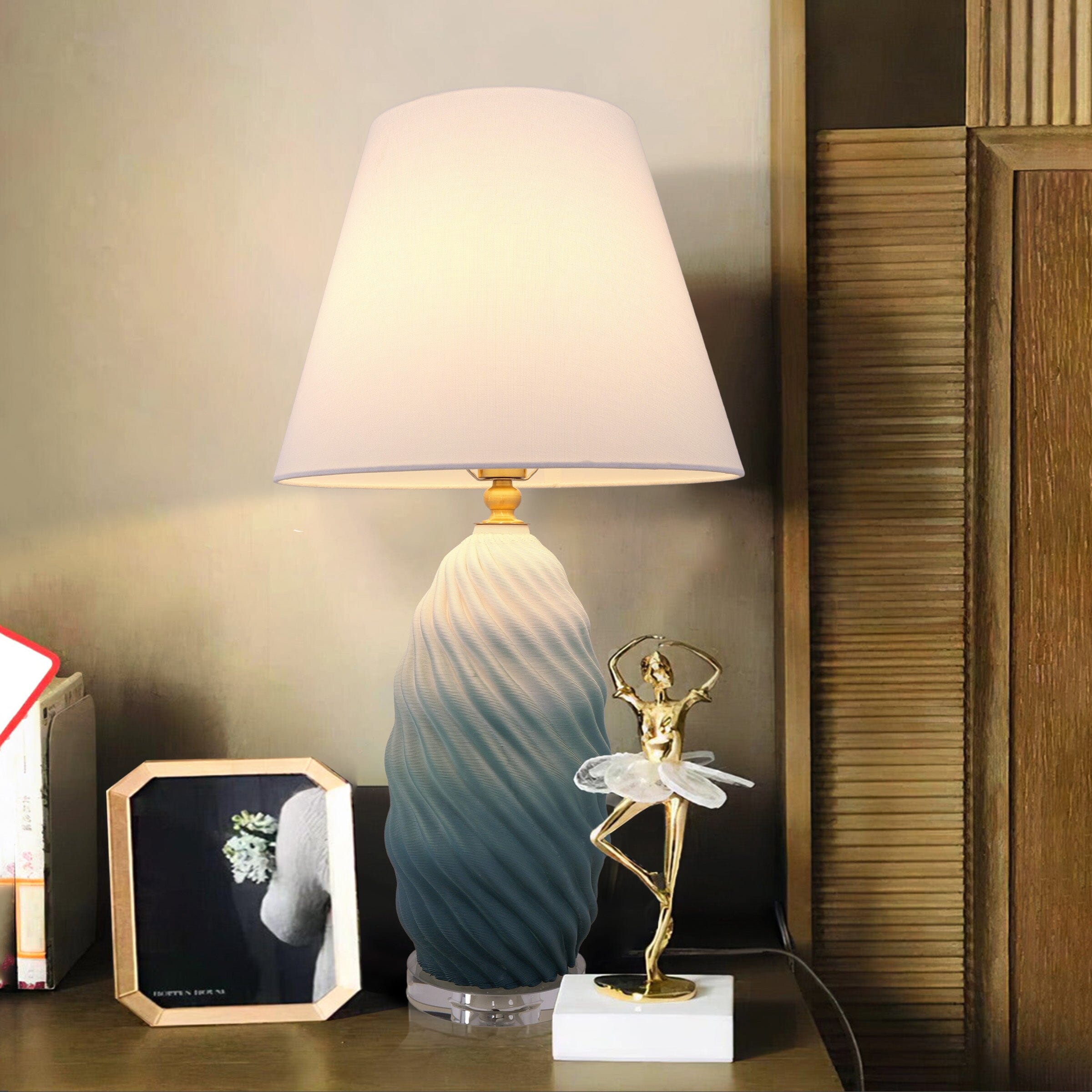 Lightsin 3D Blue Green White Gradient Threaded Ceramic Table Lamp with Fabric Shade Lightsin UK 