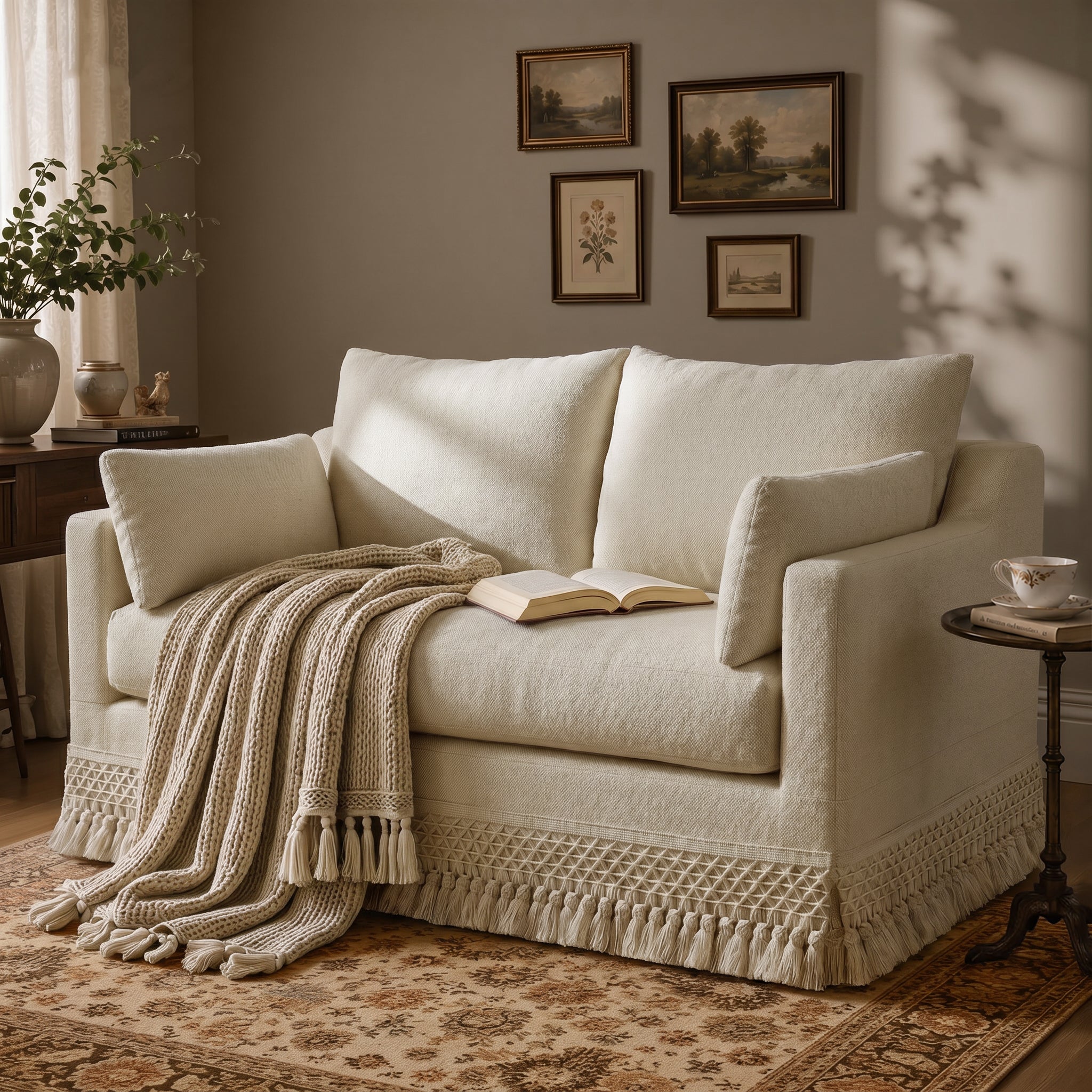 Cottonfy Cotton-Linen Washable Fringe 2 Seater Sofa
