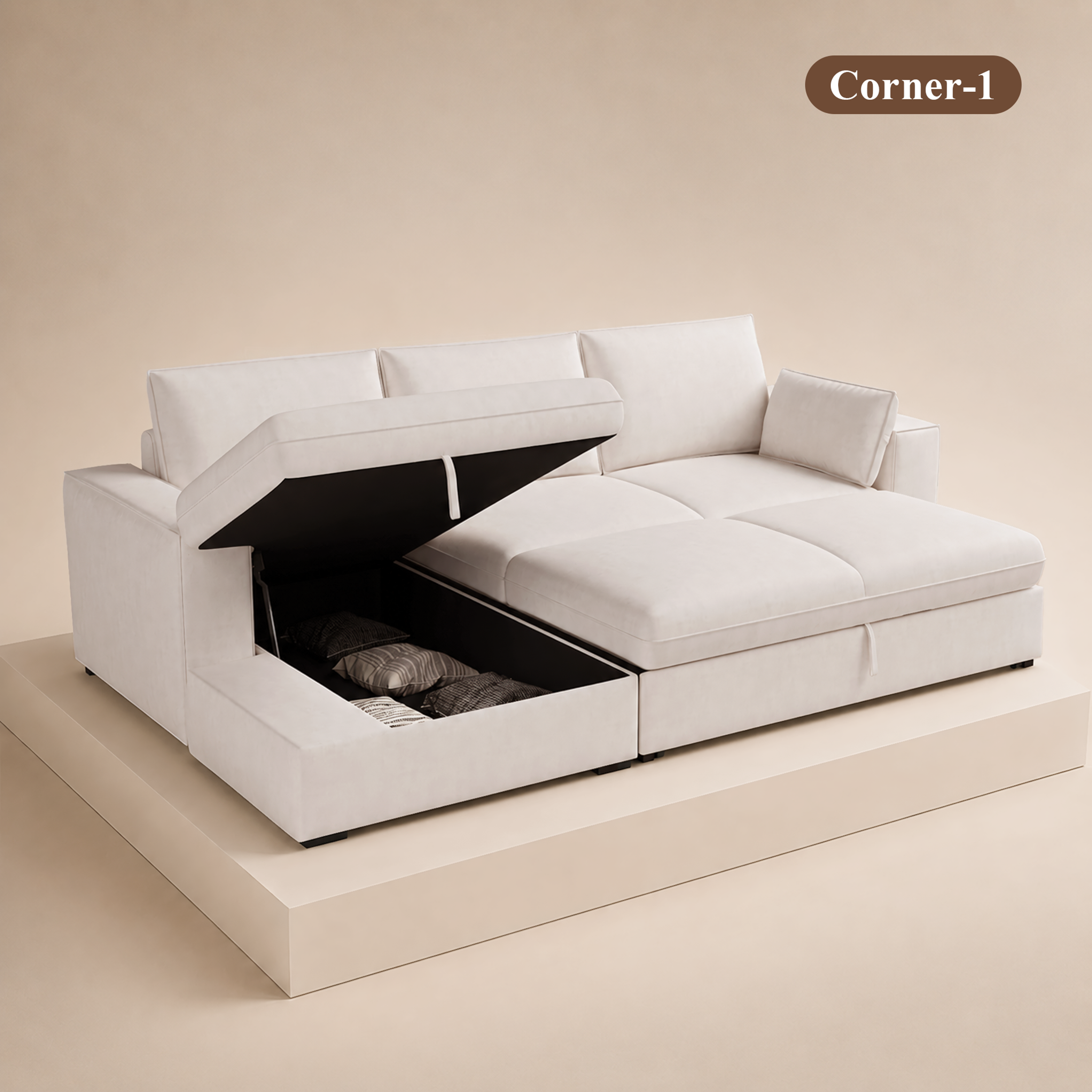Cottonfy Creamy Tofu Block Pull Out Sofa Bed with Storage Guest Sleeper