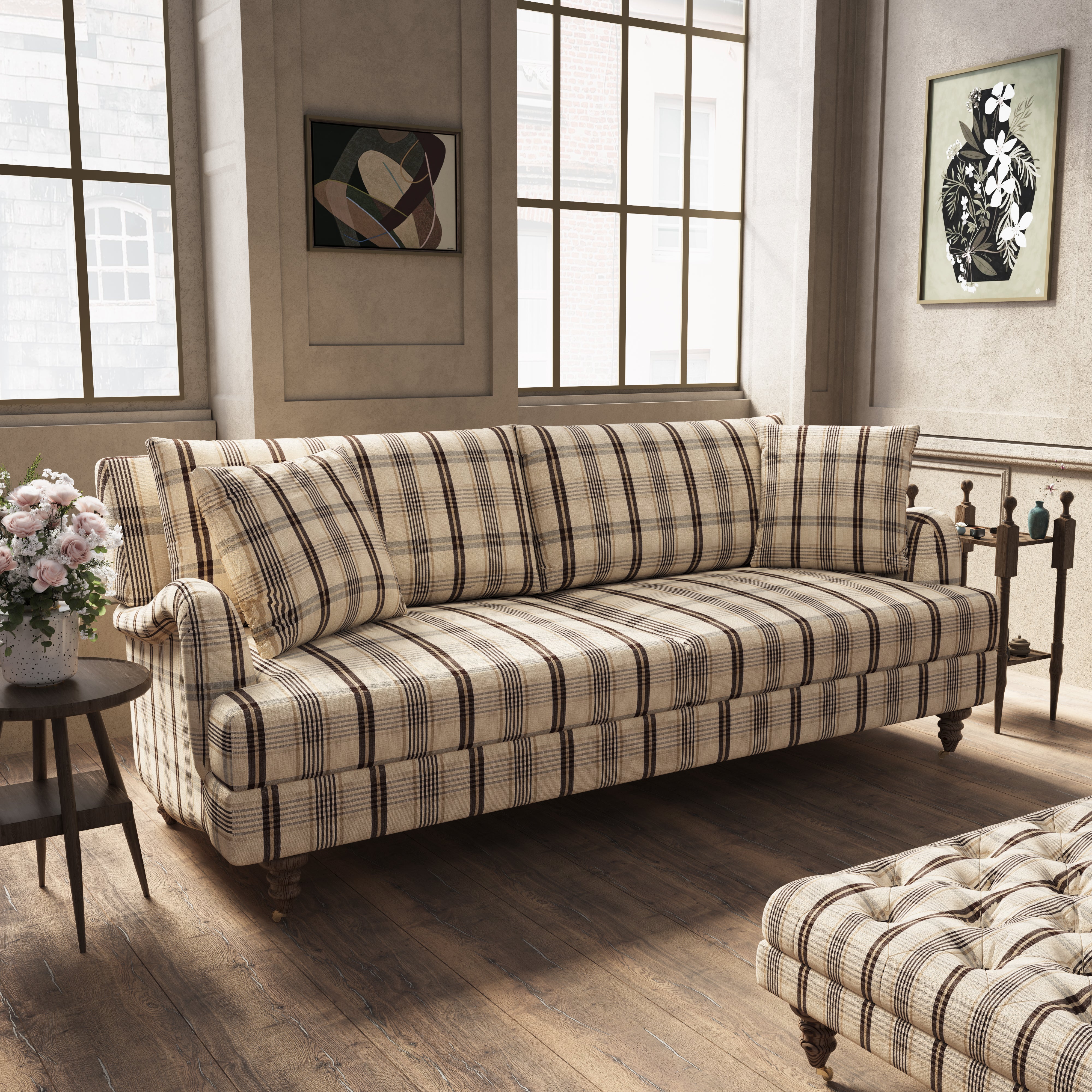 Cottonfy Vintage Check Country Sofa with Tufted Ottoman