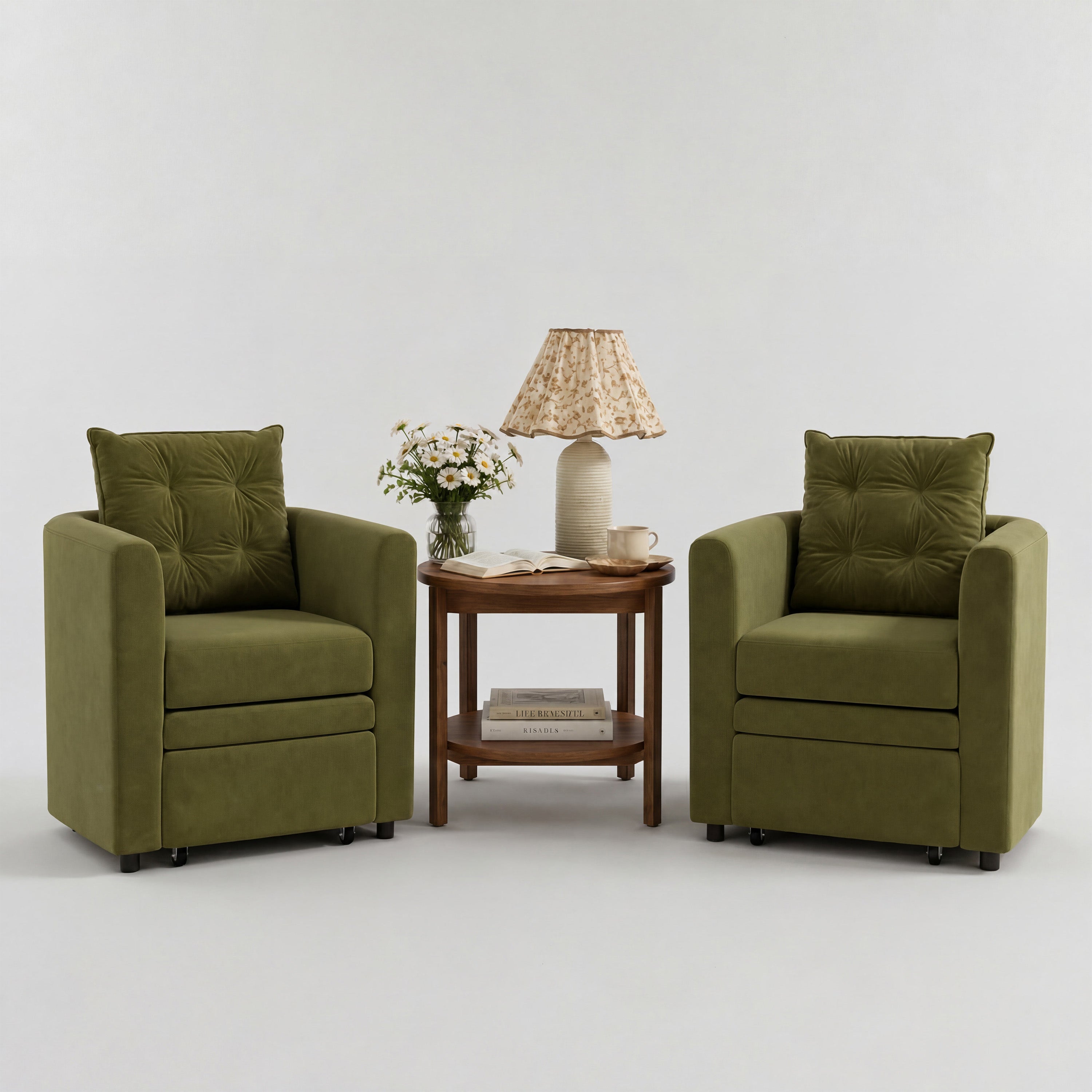 Green Velvet Armchair with Hidden Storage Footstool