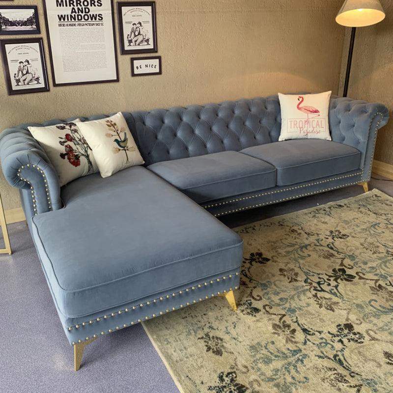 Luxury Velvet Rivet Corner Chaise 3-Seater Chesterfield Sofa