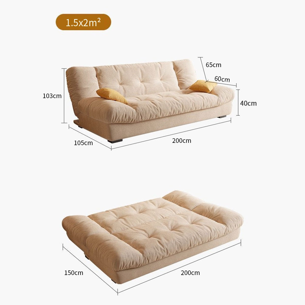 French Cream Cloud Double Folding Sofa Bed with 2 Pillows