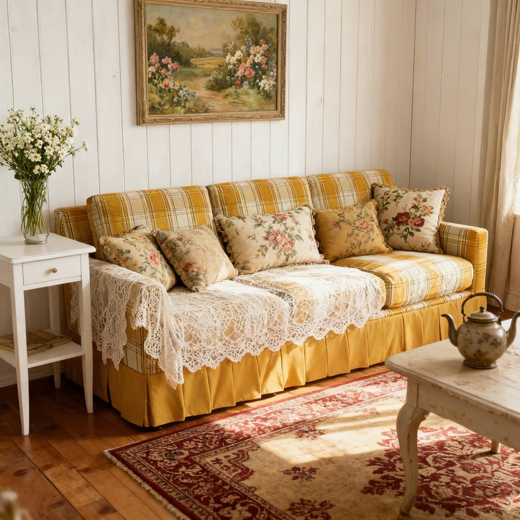 Cottonfy Country Check Sofa with Removable Skirted Covers