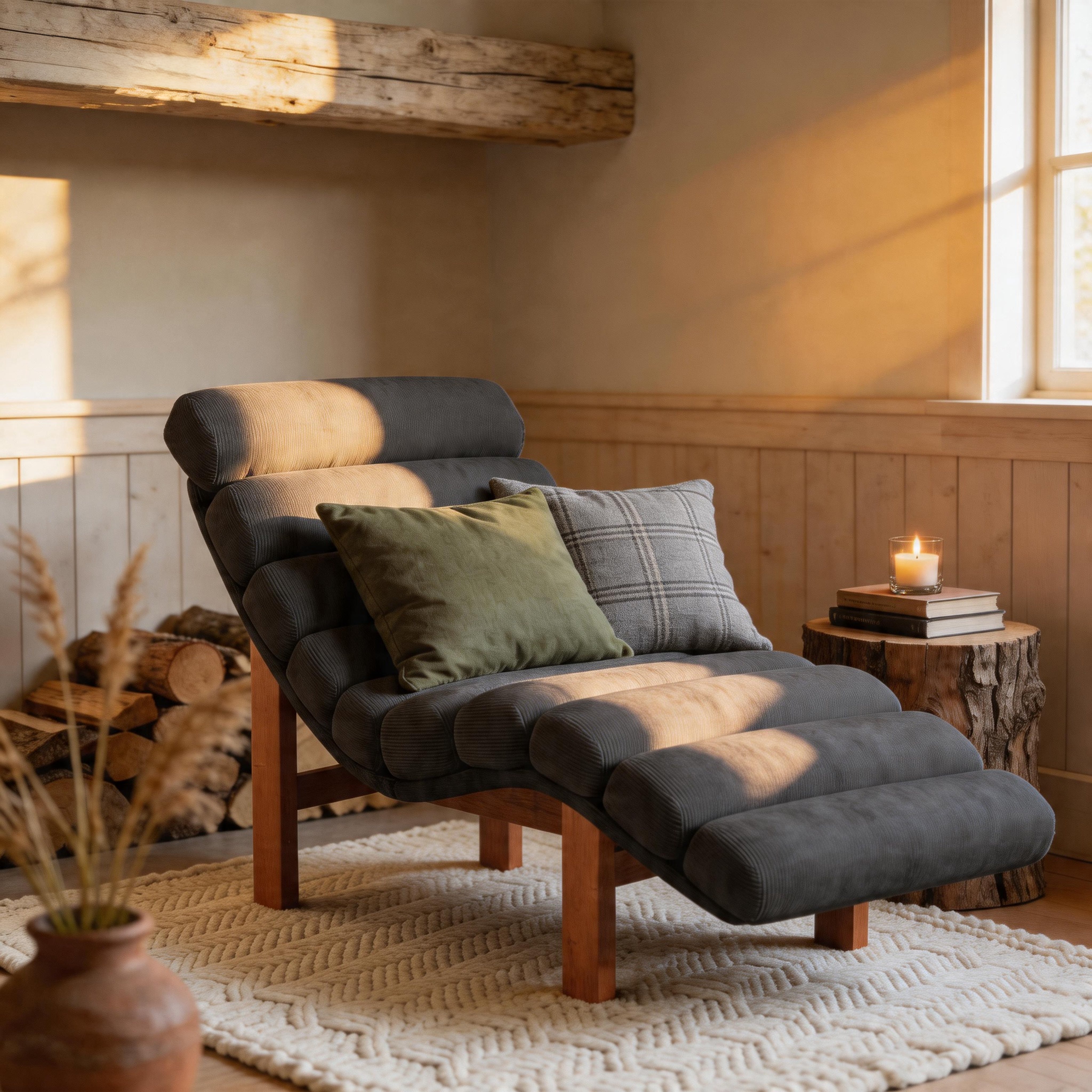 Modern Ergonomic Corduroy Chaise Lounge with Natural Wooden Frame