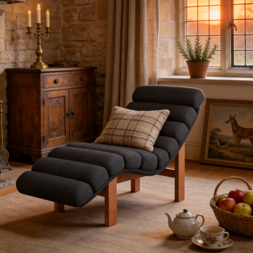 Modern Ergonomic Corduroy Chaise Lounge with Natural Wooden Frame