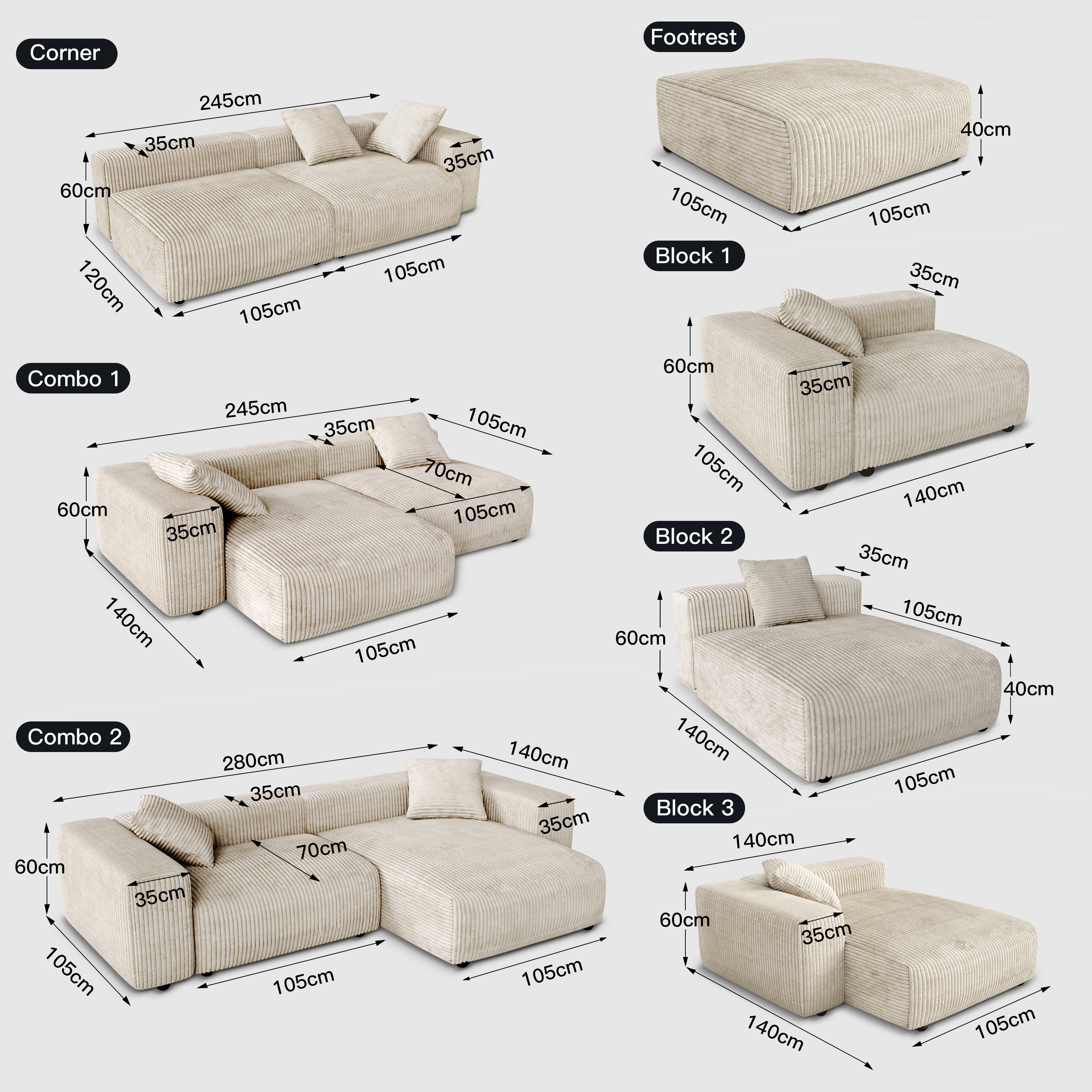 Corduroy Modular Wide Seat Chaise Sofa Block