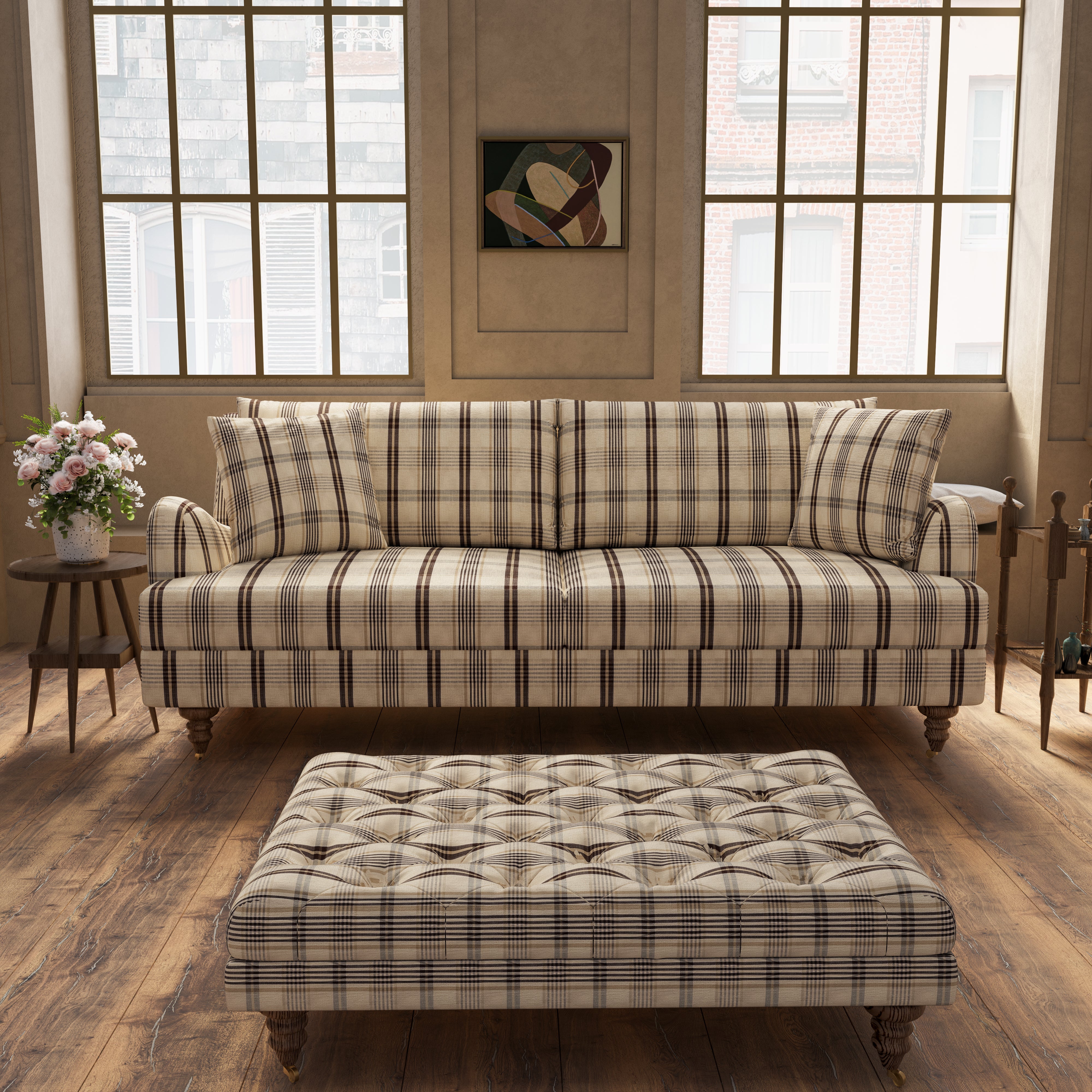 Cottonfy Vintage Check Country Sofa with Tufted Ottoman
