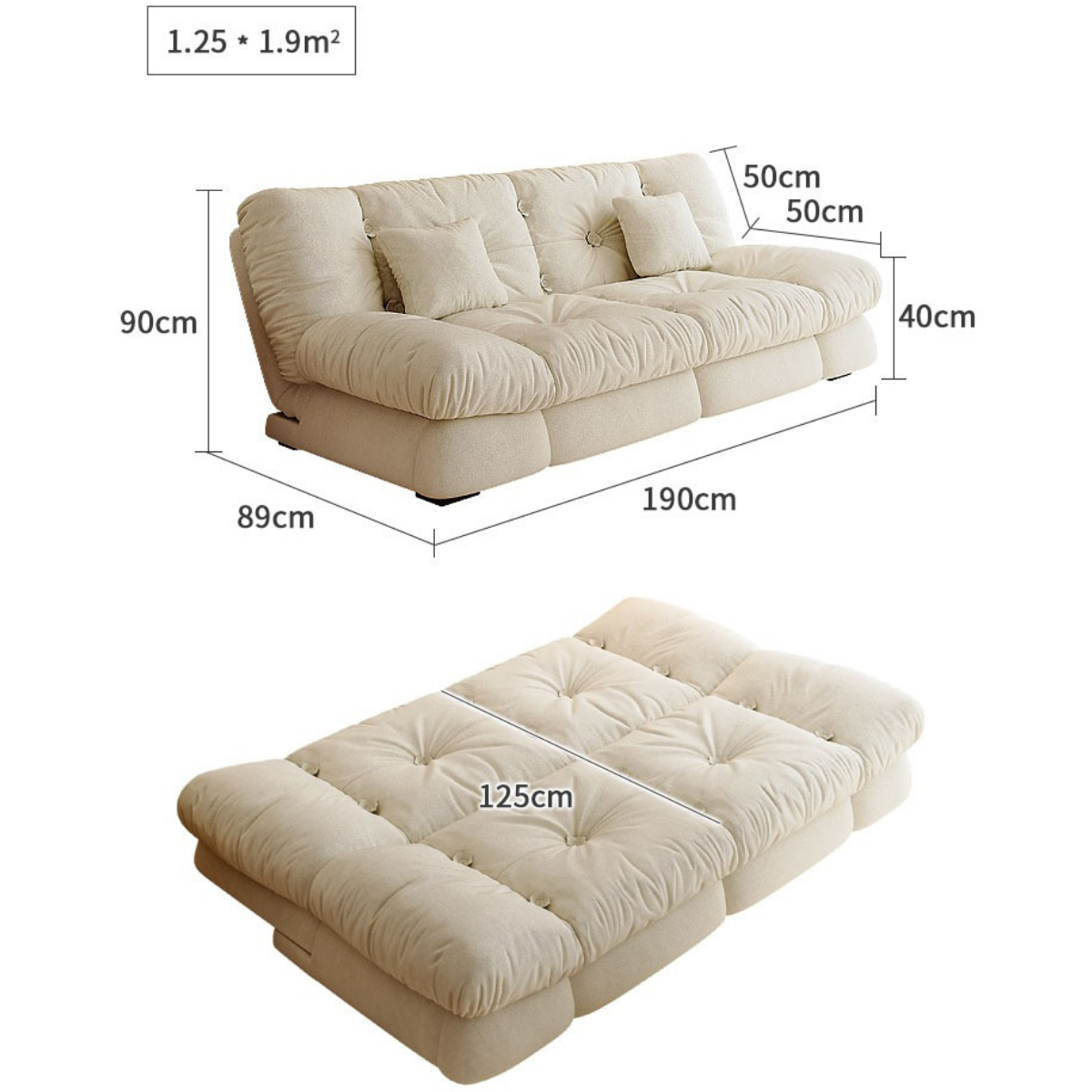 Upgrade Cream Cloud Double Folding Sofa Bed with Storage