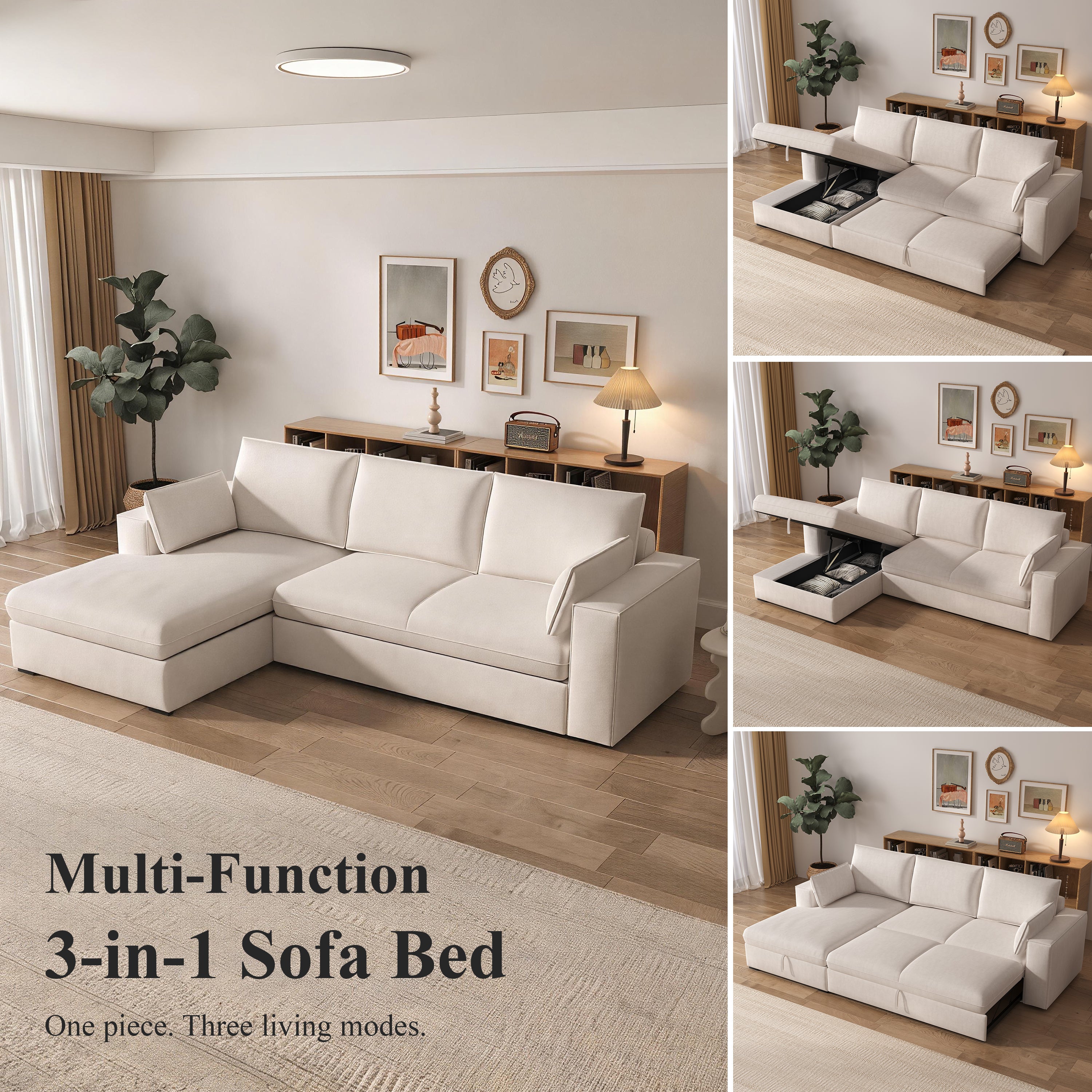 Cottonfy Creamy Tofu Block Pull Out Sofa Bed with Storage Guest Sleeper
