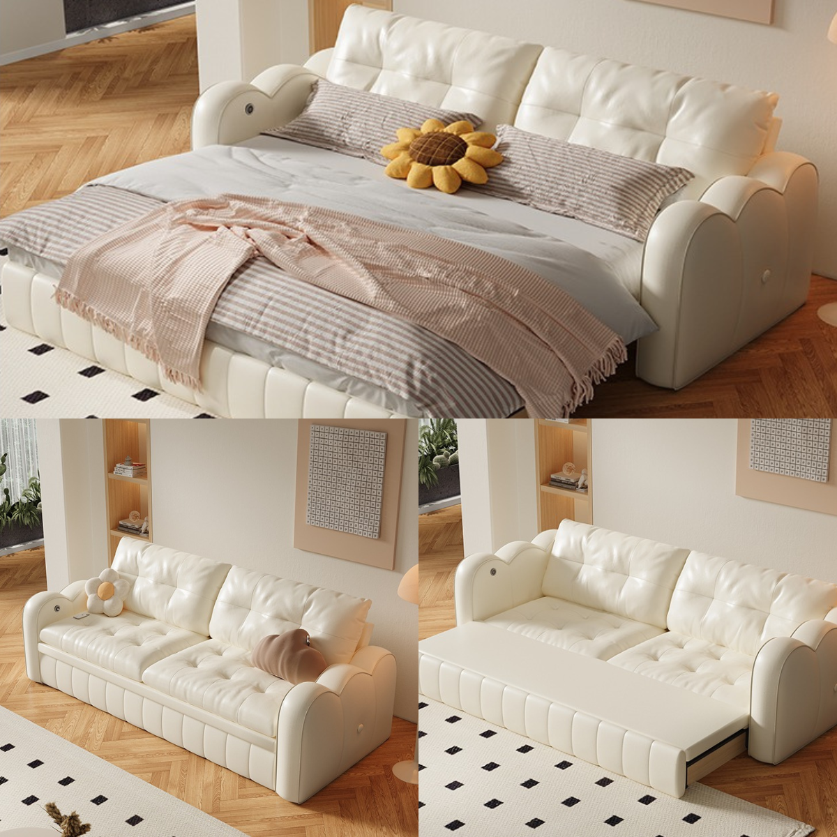 Cream Cloud Extendable L-Shape Corner Sofa Bed with Storage