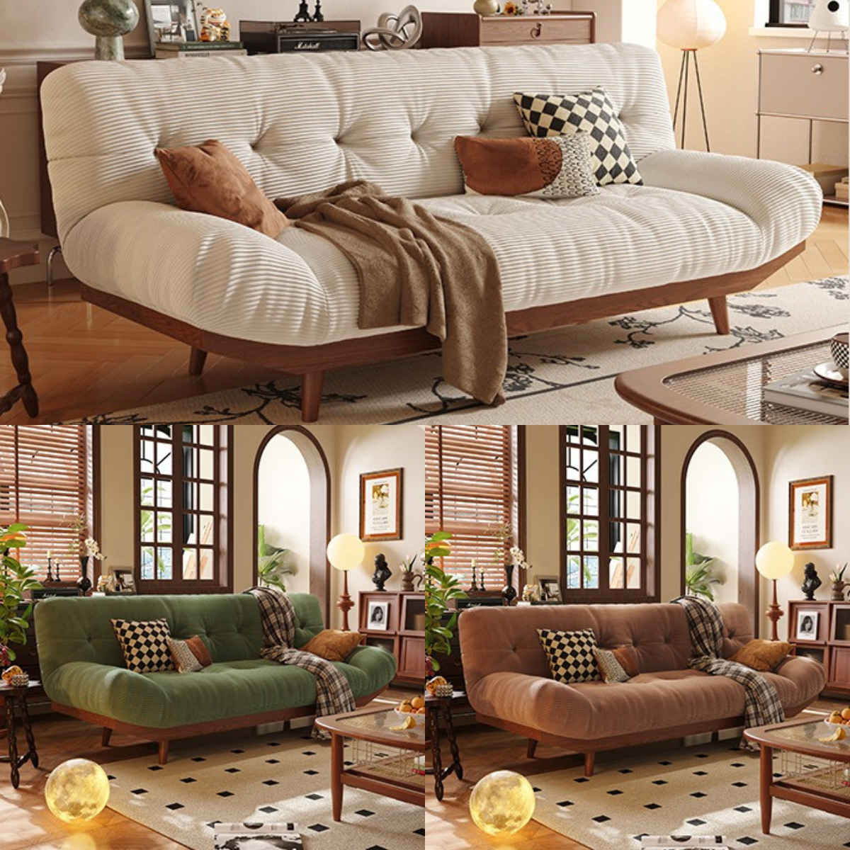 Cream Solid Wood Soft Sofa Bed for Limited Space with Throw Pillows