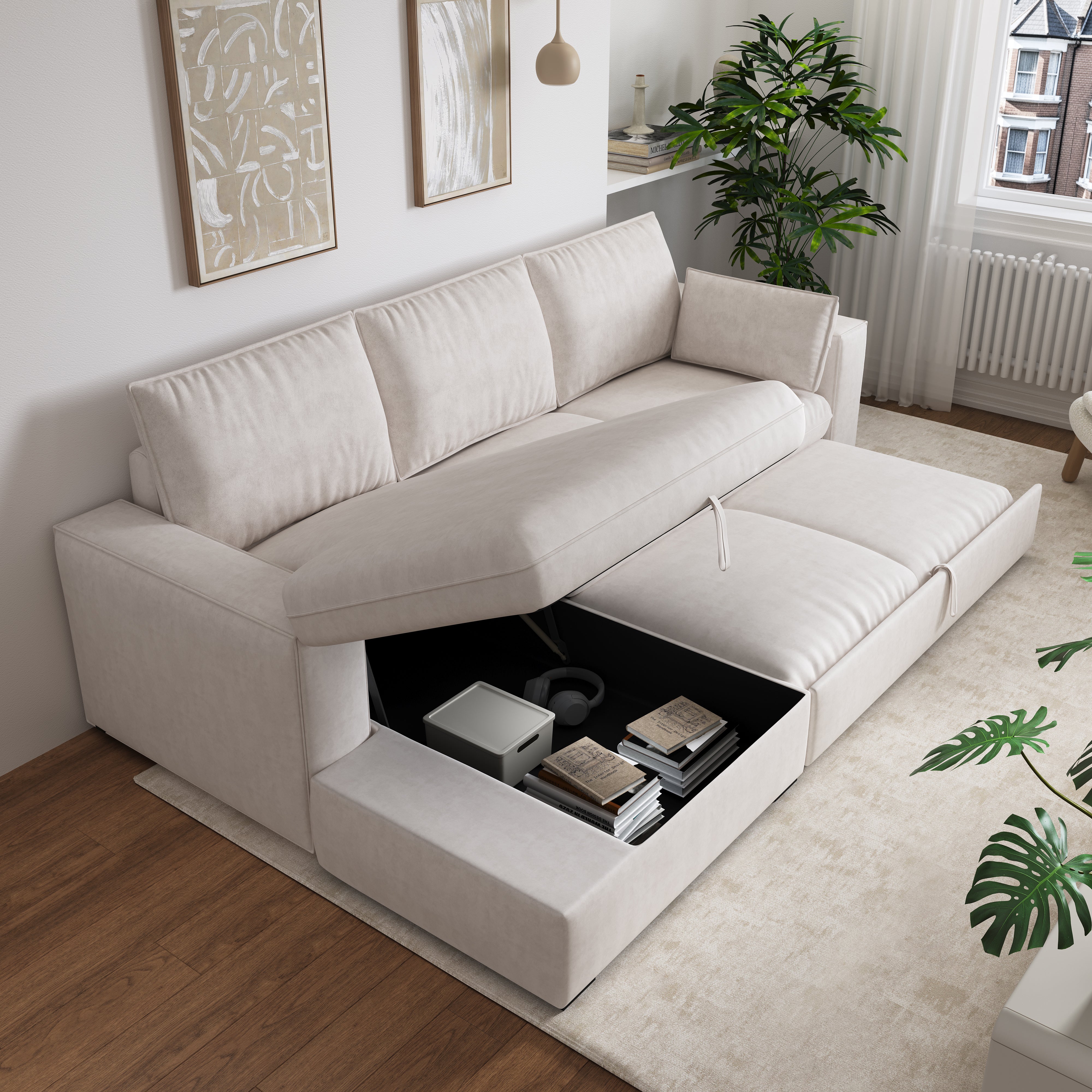 Cottonfy Creamy Tofu Block Pull Out Sofa Bed with Storage Guest Sleeper