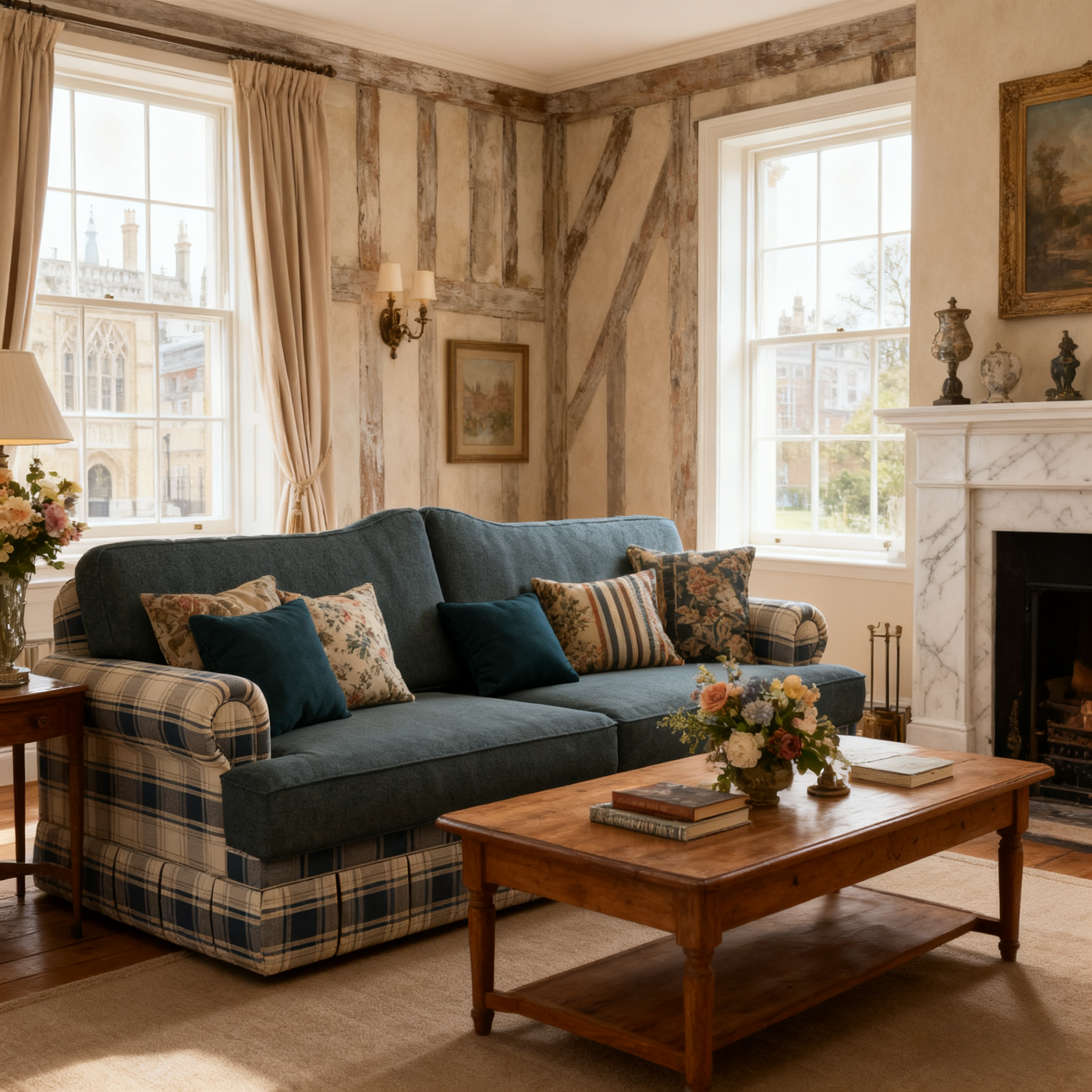 Cottonfy Heritage Plaid Skirted Sofa with Concealed Storage Drawers