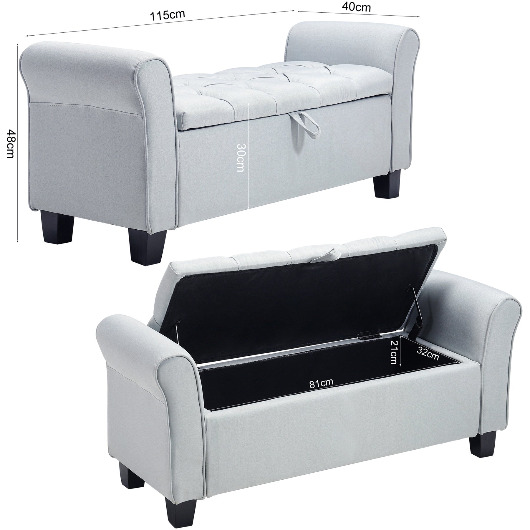 Storage Linen Splayed Armrest Ottoman Bench Chaise