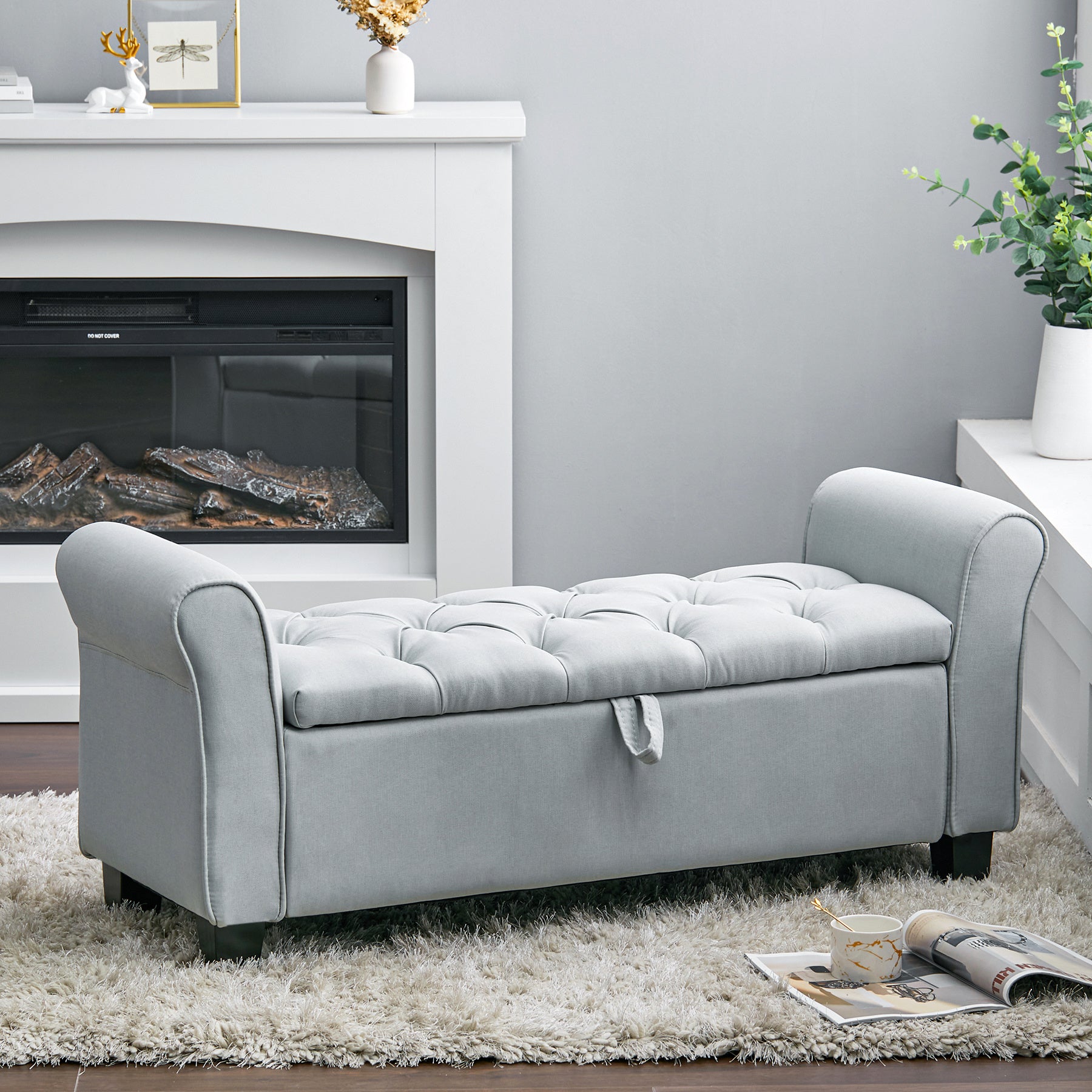 Storage Linen Splayed Armrest Ottoman Bench Chaise